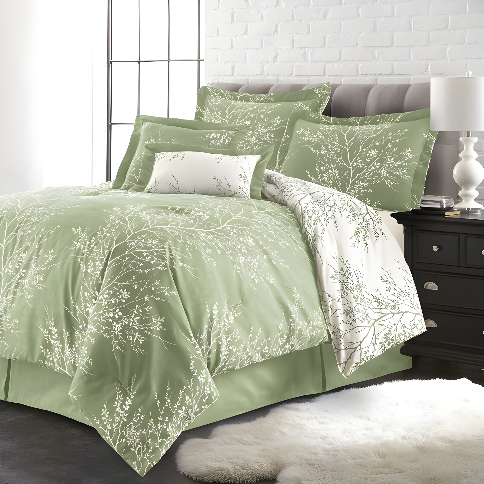 Sage and White Reversible Microfiber Queen Bed in a Bag Set