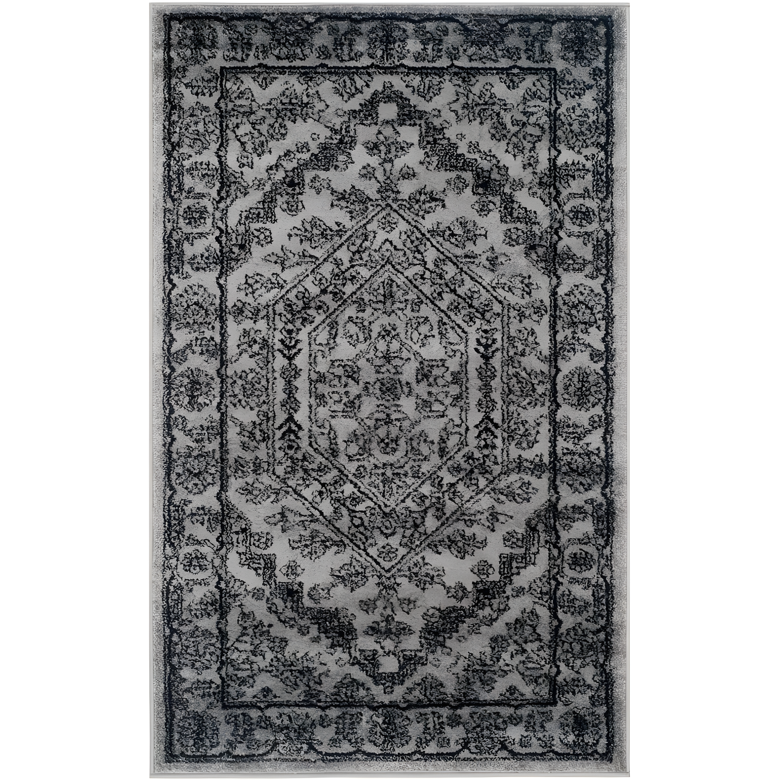 Silver and Black Medallion Synthetic 4' x 6' Rug