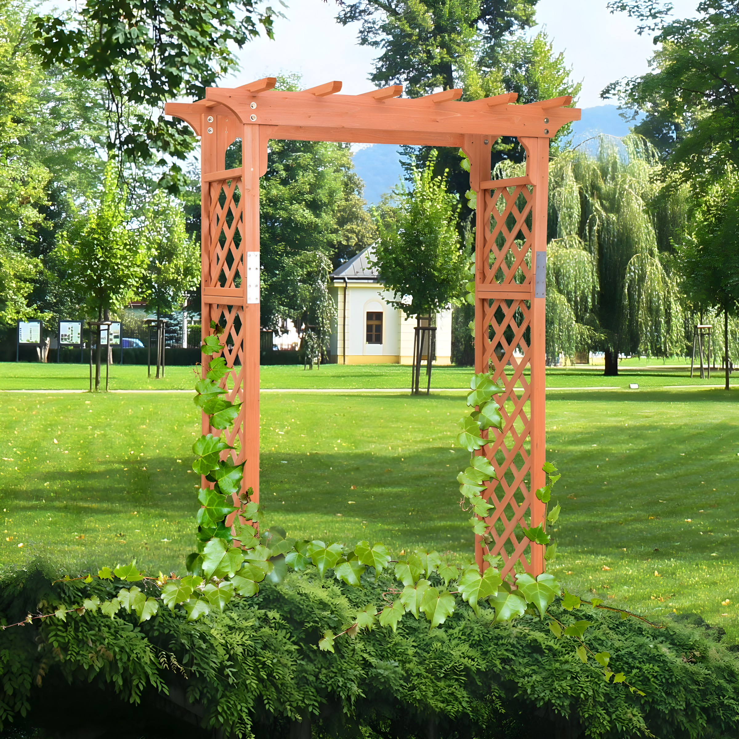 Tall Orange Fir Wood Garden Arbor with Lattice Panels