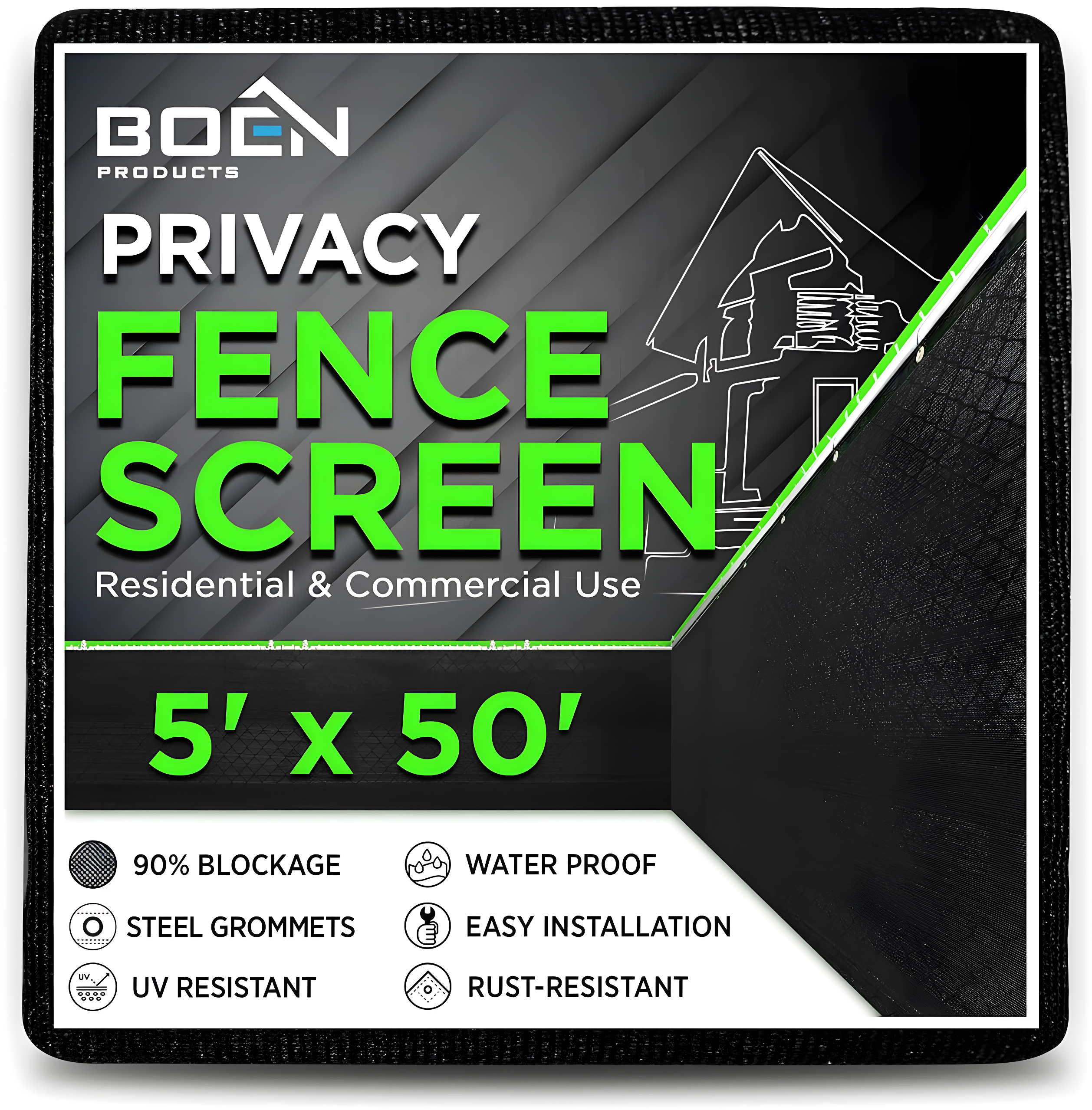 Black 5' x 50' Privacy Fence Screen with UV Resistance