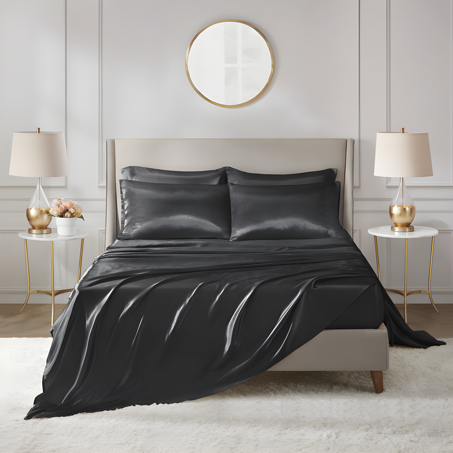 Black Satin Deep Pocket Full Sheet Set with Pillowcases