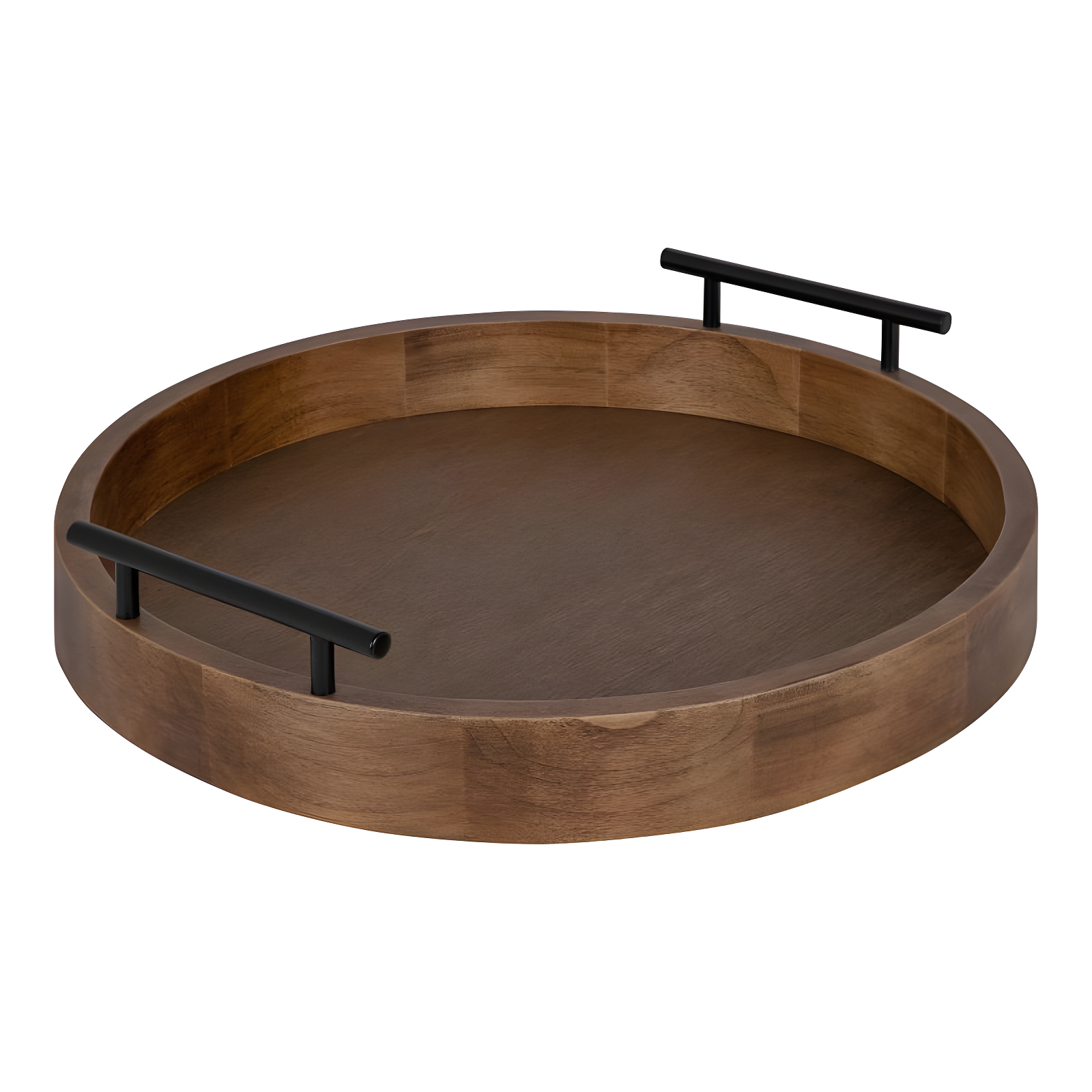 Rustic Brown Round Wood Tray with Black Metal Handles