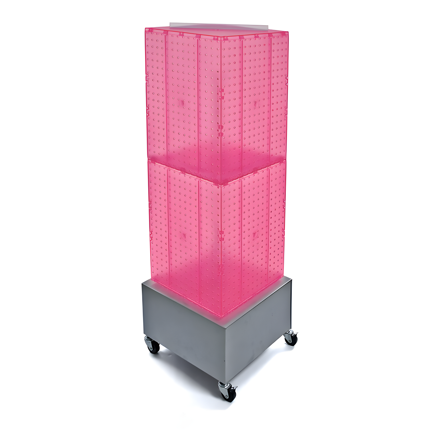 Pink Four-Sided Pegboard Tower Display with Metal Base