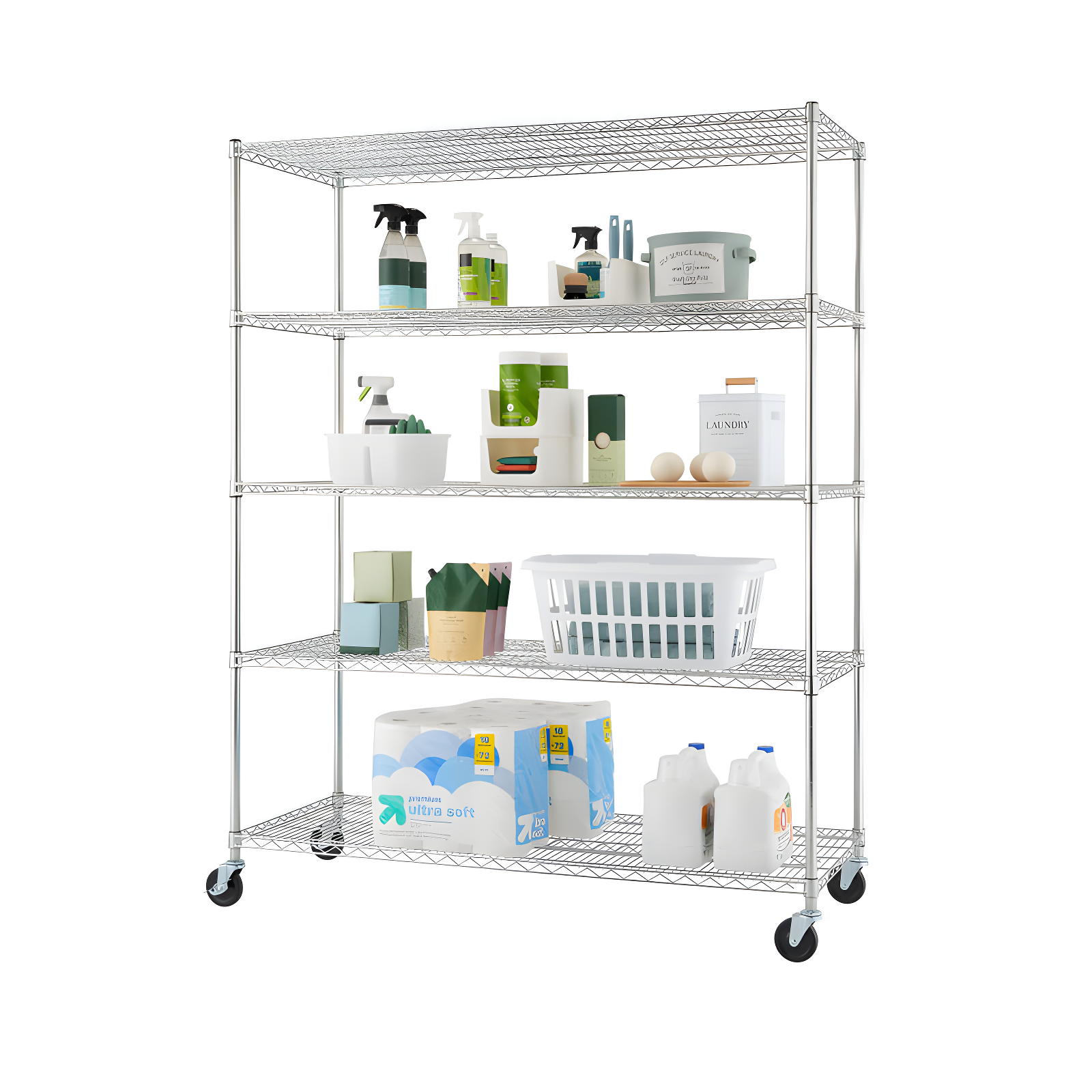 Versatile Chrome 5-Tier Adjustable Wire Shelving Unit with Wheels, 60x24x72