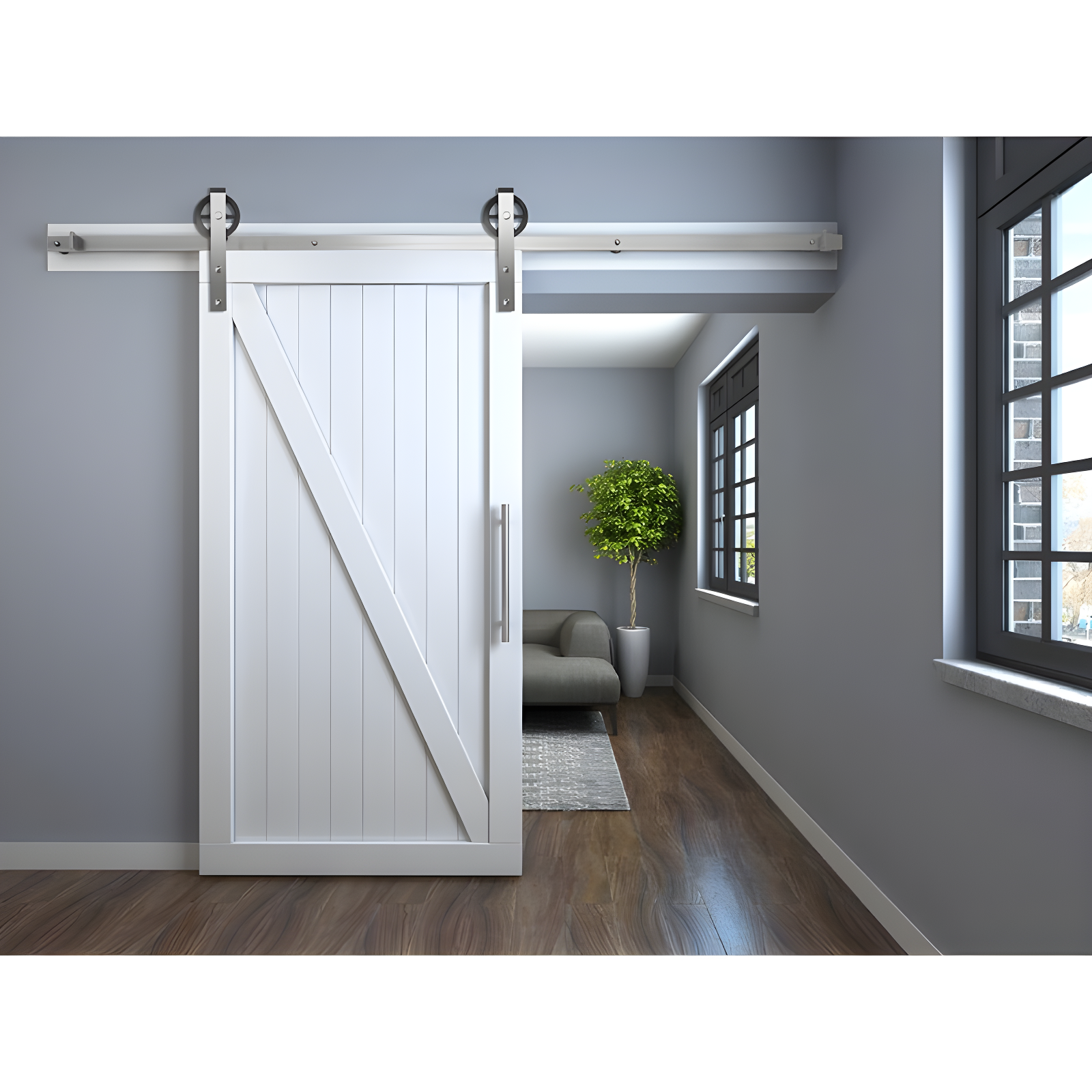 White Wood Barn Door with Stainless Steel Hardware Kit