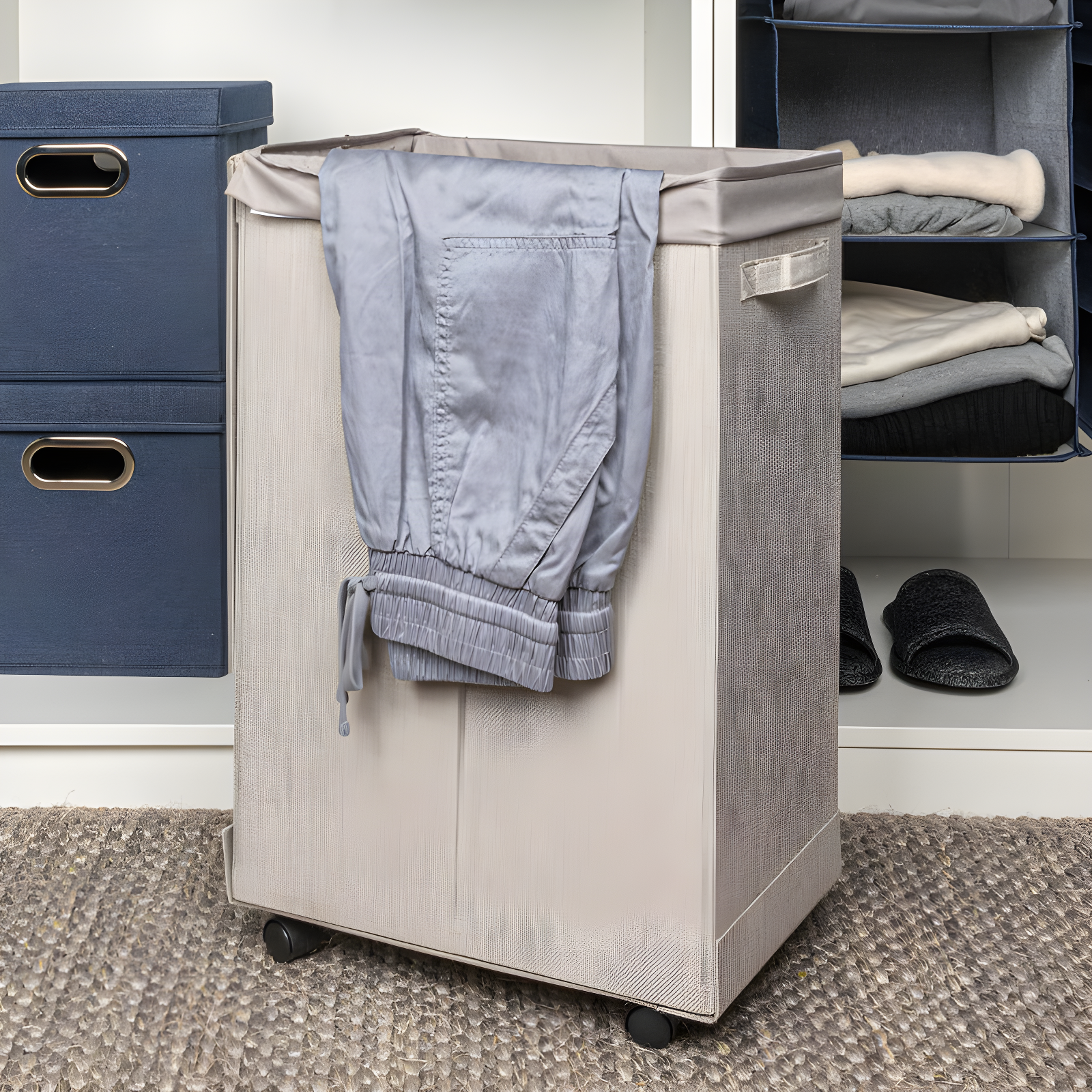 Silver Narrow Collapsible Laundry Hamper with Wheels and Lid