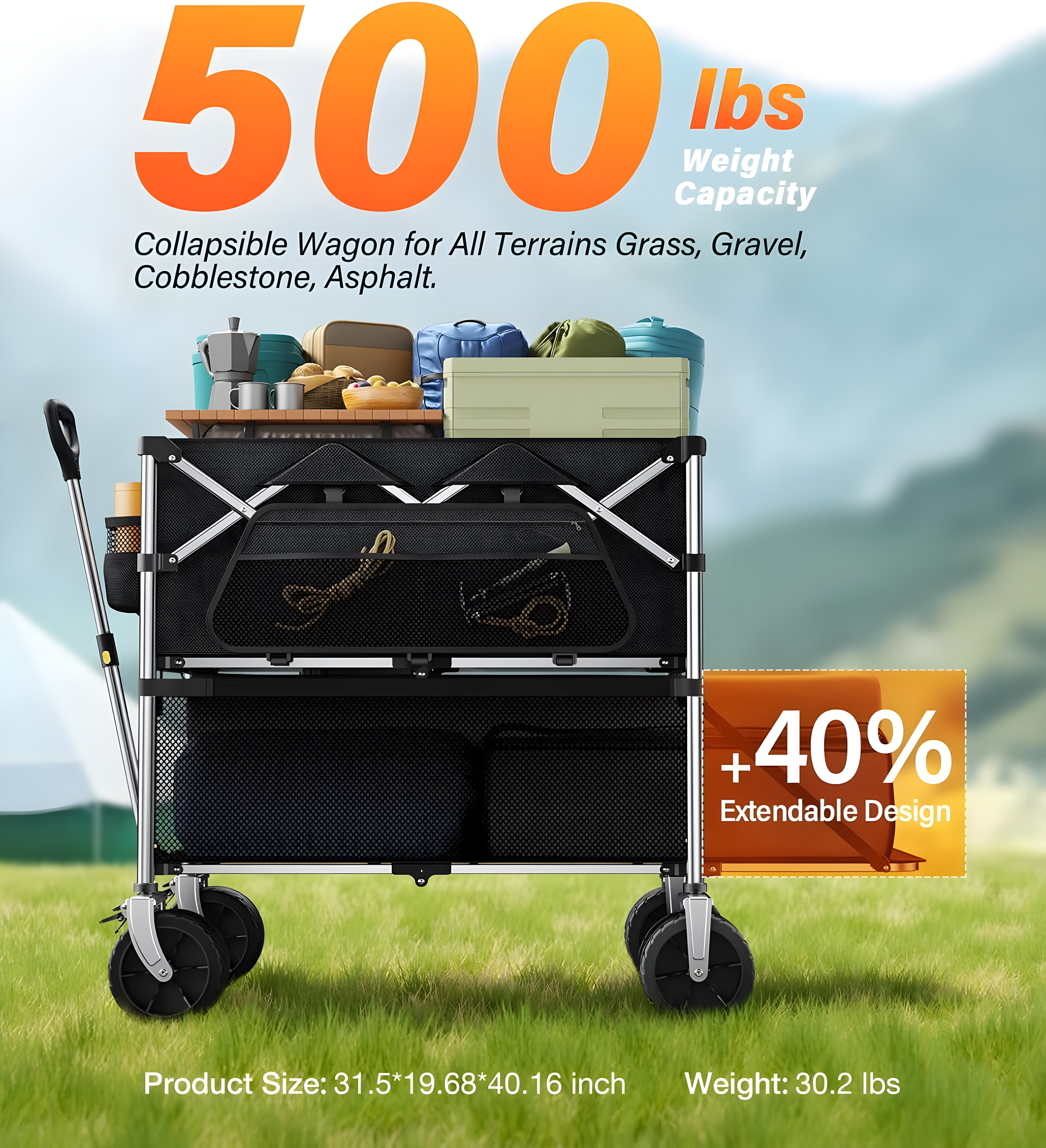 500 lbs Capacity Black Collapsible Iron Wagon with Swivel Wheels