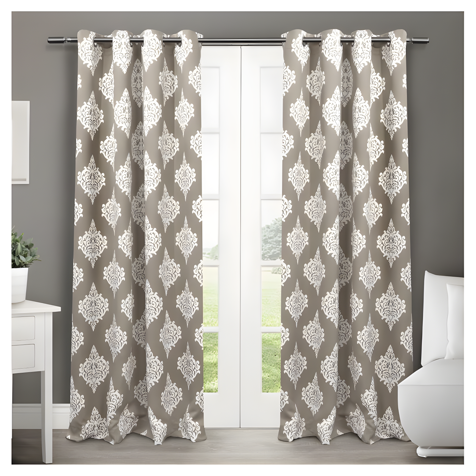 Taupe and White Medallion Blackout Thermal Curtain Panels, 52x84, Set of 2