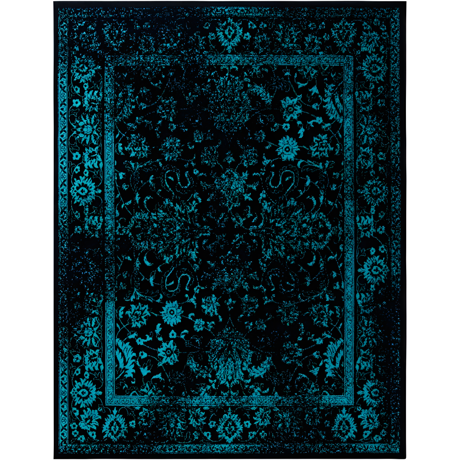 Black and Teal Round Oriental Synthetic Area Rug