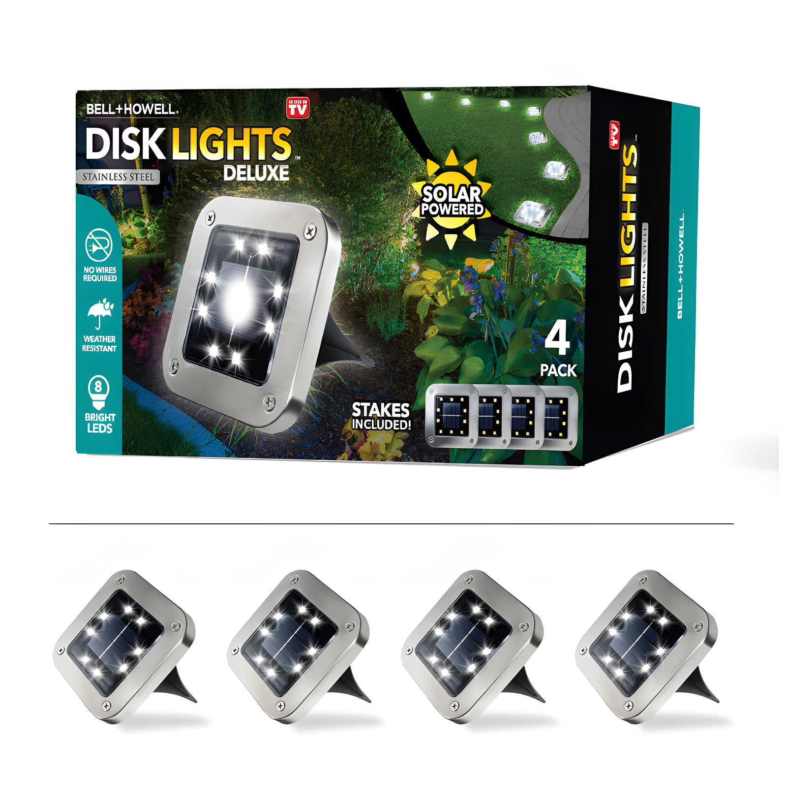 Silver Stainless Steel Solar Powered LED Pathway Lights, 4-Pack