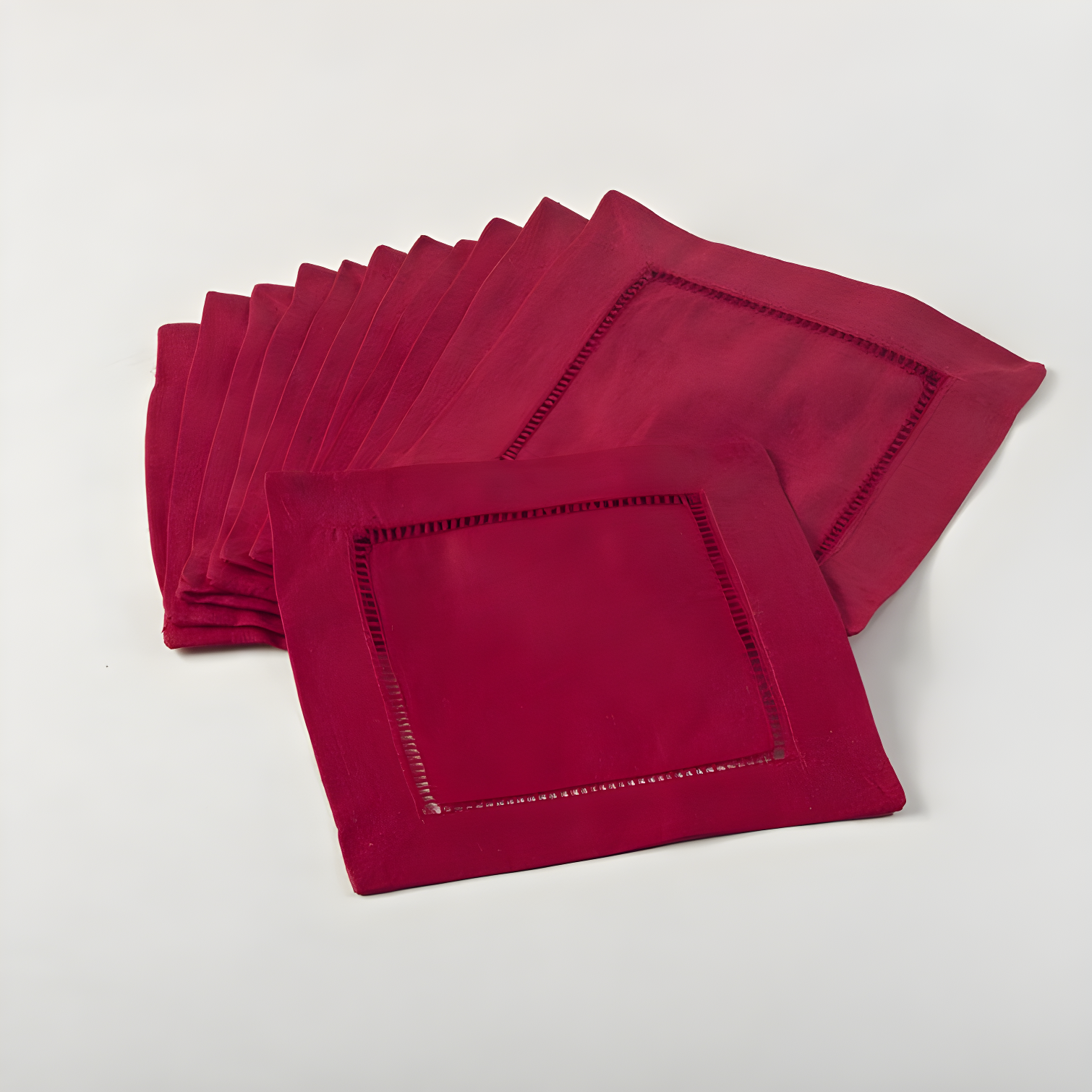 Red 6" Linen and Cotton Hemstitched Cocktail Napkin Set of 12