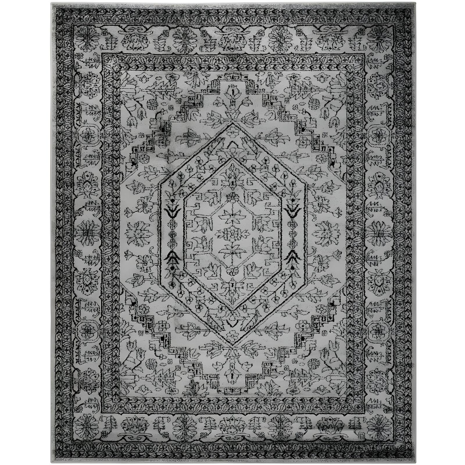 Silver and Black Medallion Synthetic 8' x 10' Rug