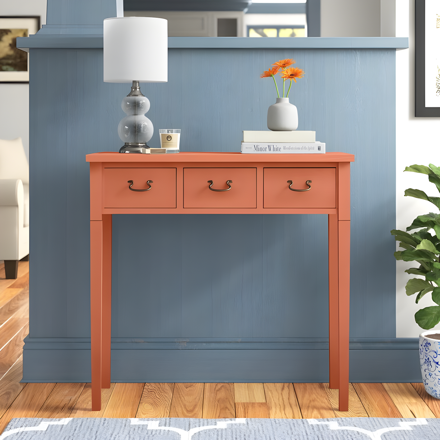 Transitional Brown Elm Wood Console with 3 Storage Drawers