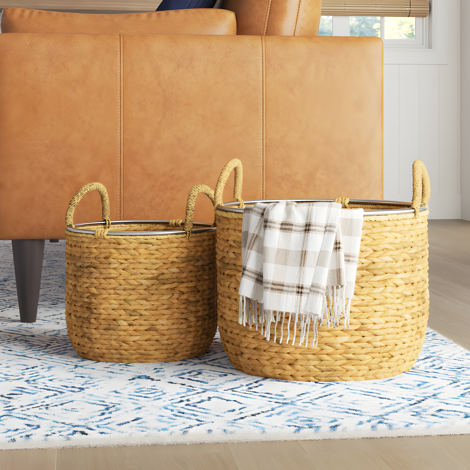 Coastal Charm Light Brown Seagrass Round Storage Baskets, Set of 2