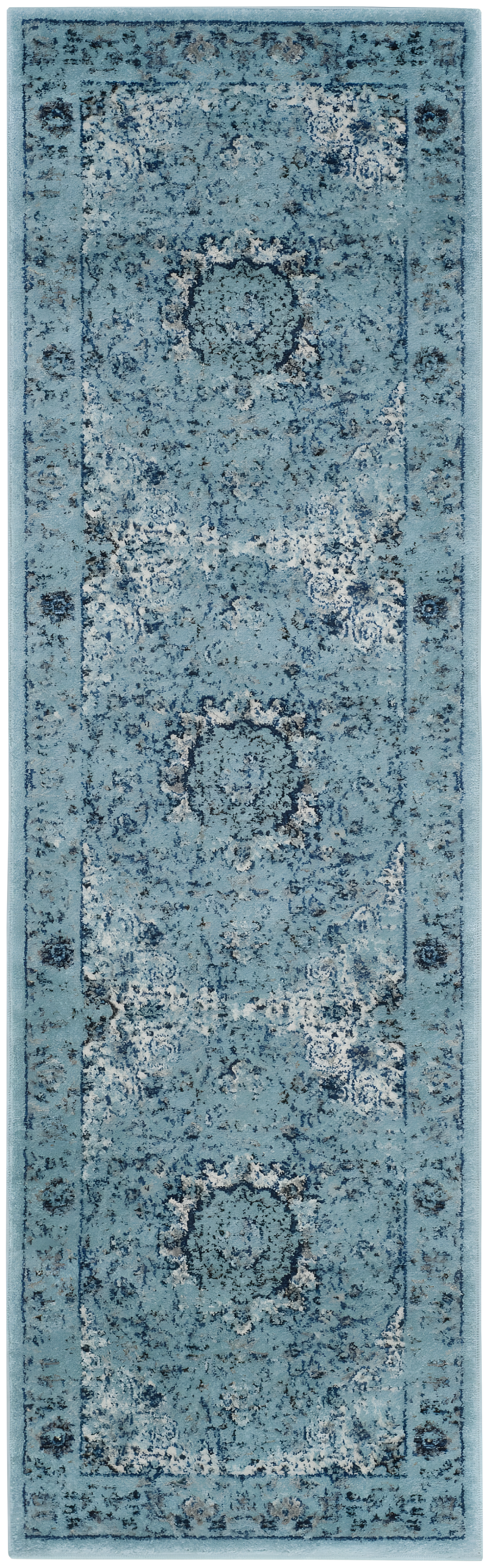 Light Blue Synthetic Hand-Knotted Reversible Runner Rug