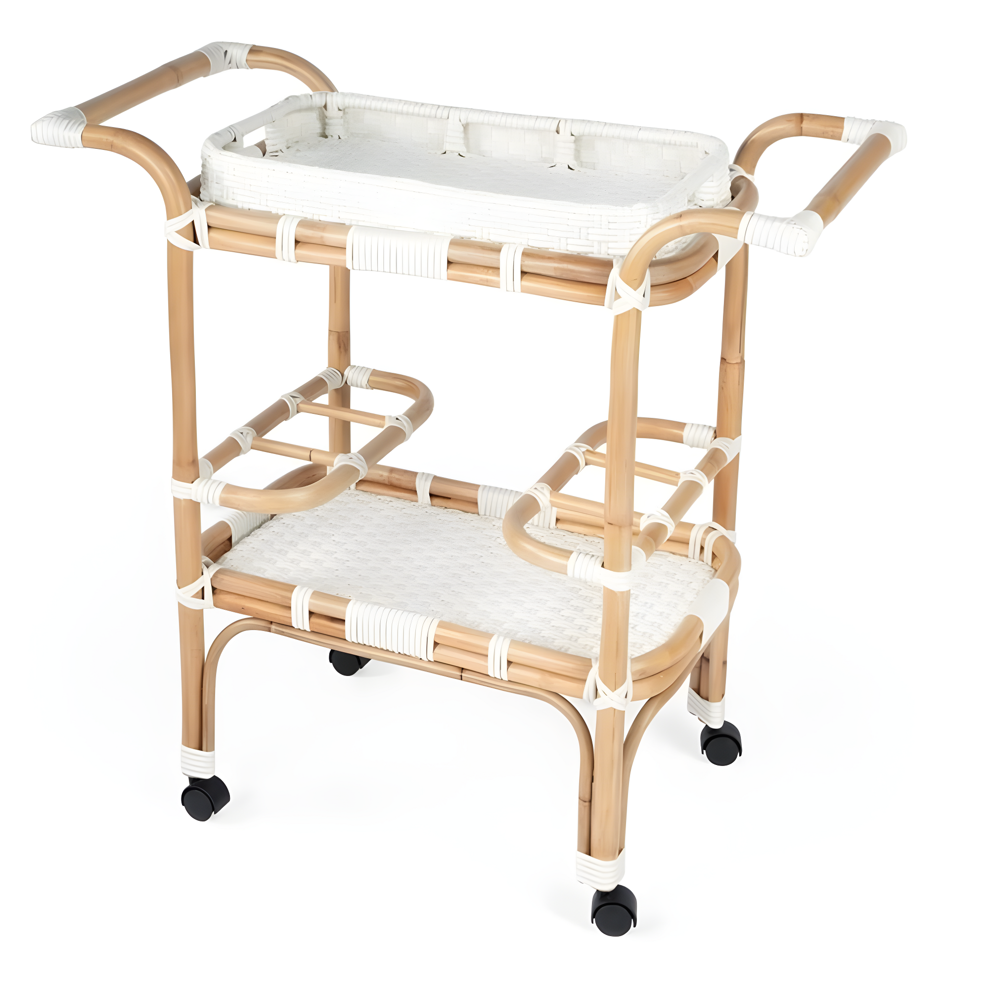 Selena White PU Rattan Weave Serving Cart with Removable Tray