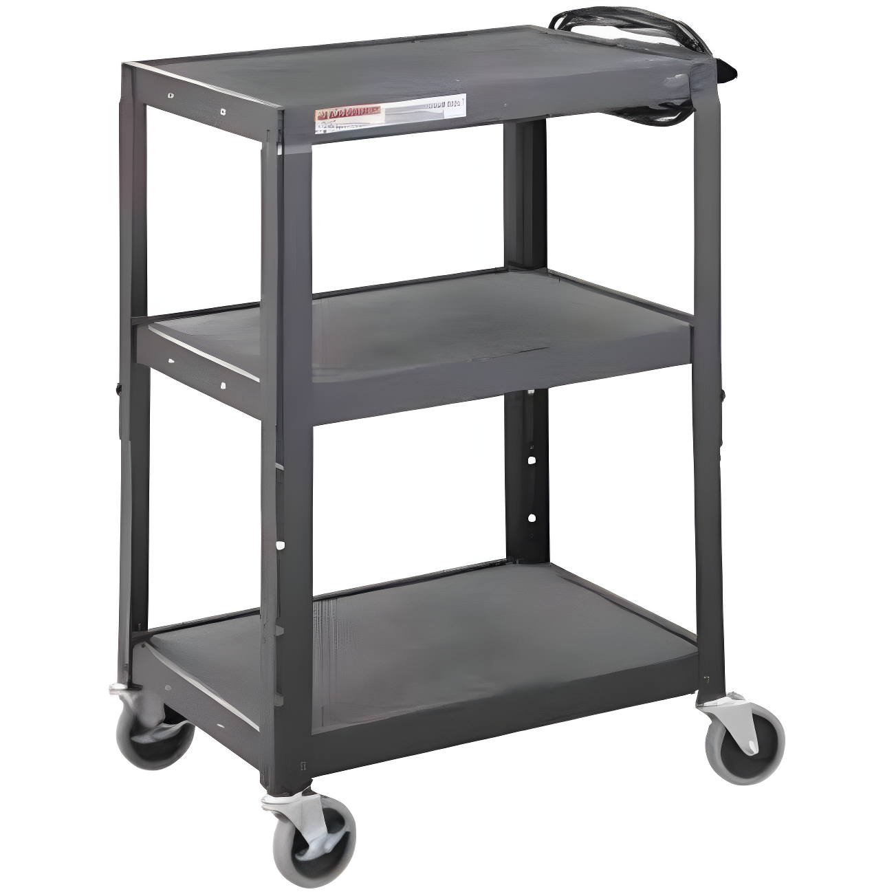 Adjustable Black Steel 3-Shelf AV Cart with Power Strip