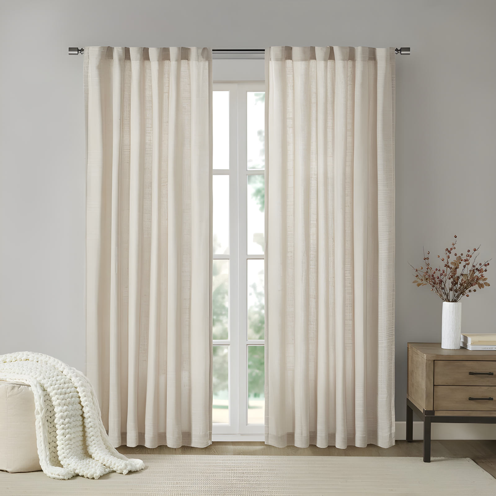 Natural Faux Linen Light-Filtering Curtain Panel with Fleece Lining