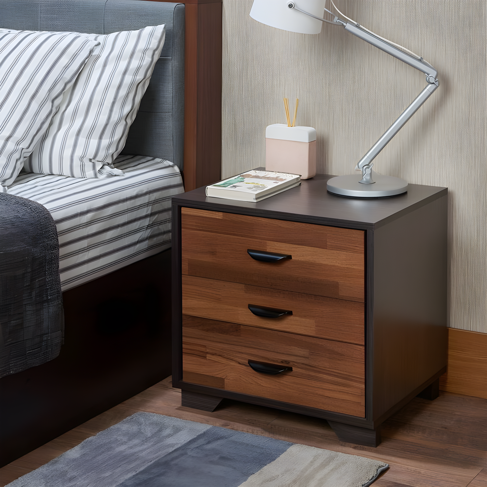 Eloy 3-Drawer Walnut and Espresso Nightstand