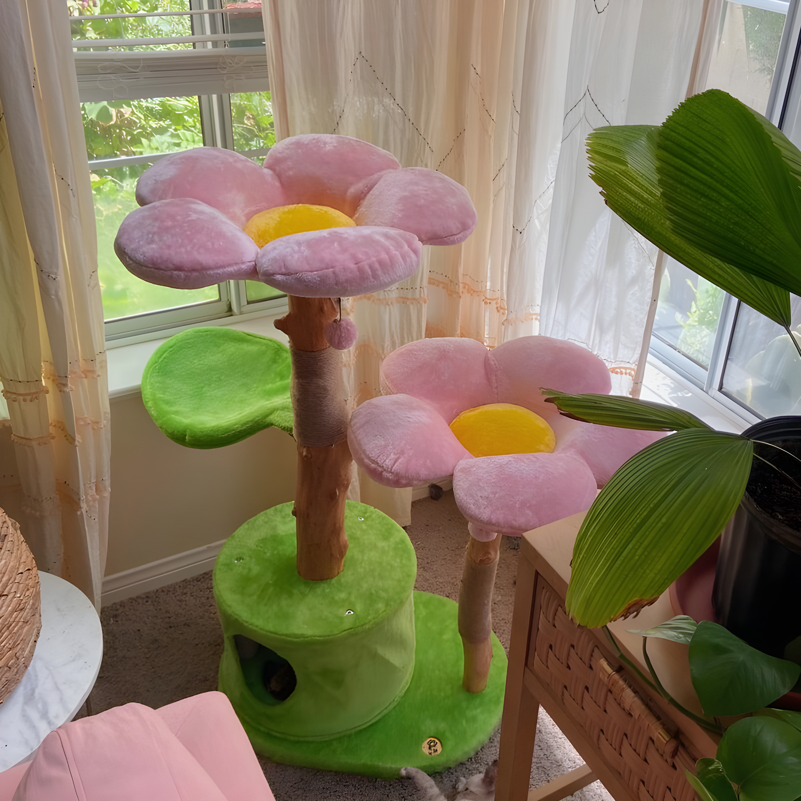 Cherry Blossom Floral Sisal Cat Tree with Wood Branches