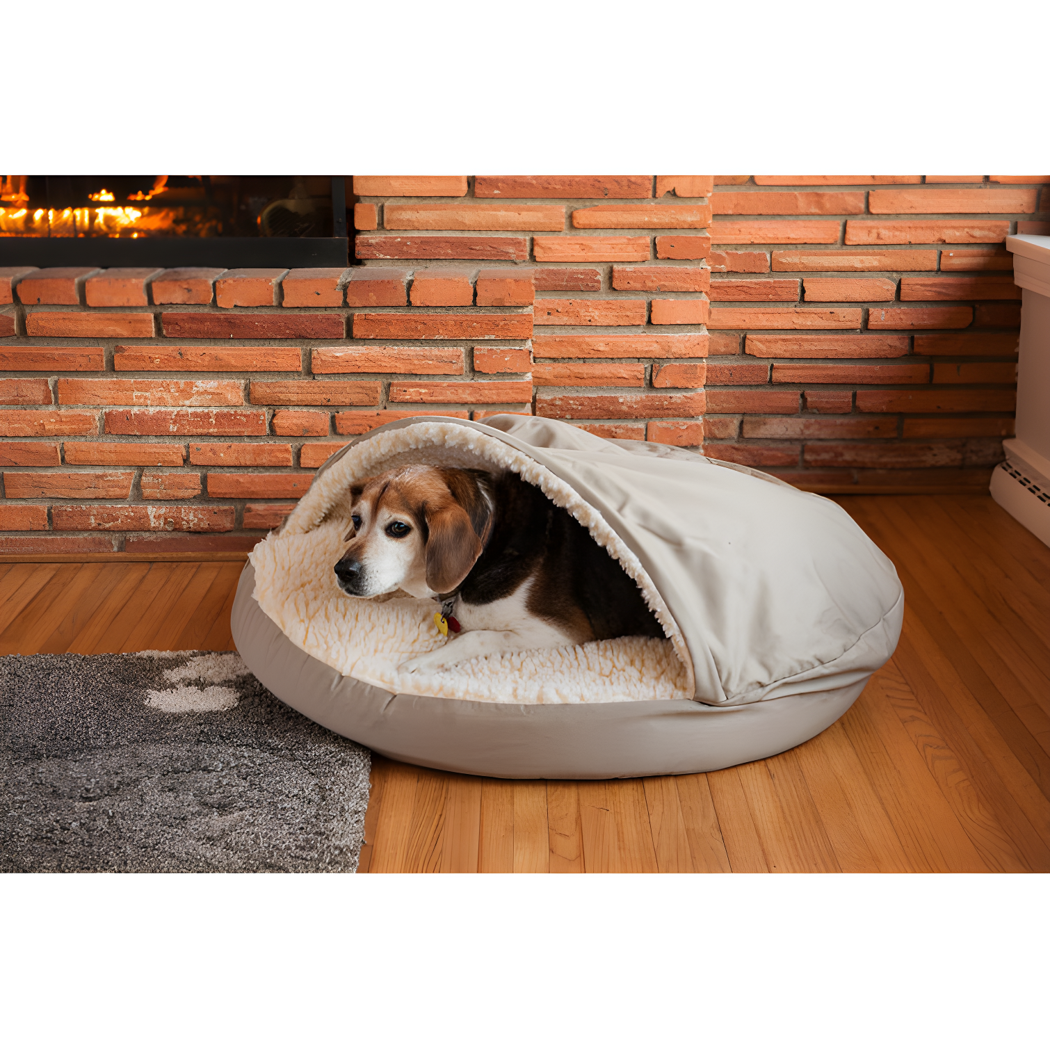 Large Khaki Polyester Hooded Round Dog Bed