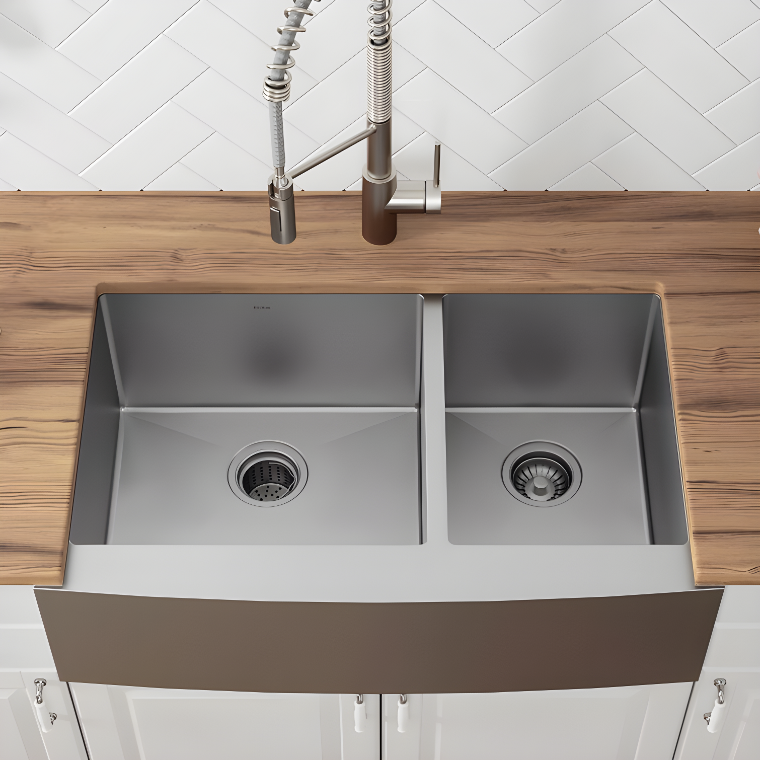 36" Satin Stainless Steel Double Bowl Farmhouse Sink