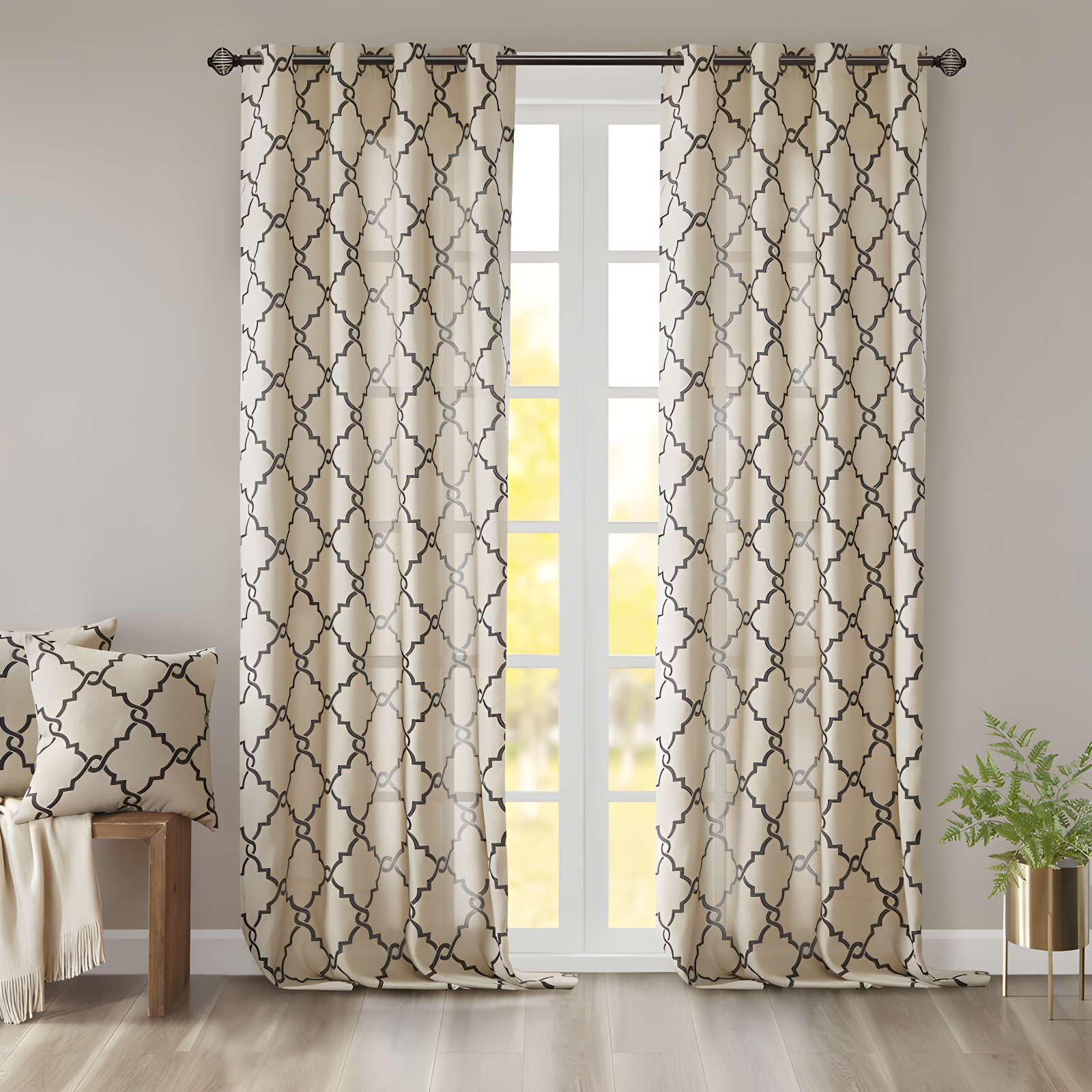 Khaki and Black Fretwork Grommet Top Light-Filtering Curtain Panel