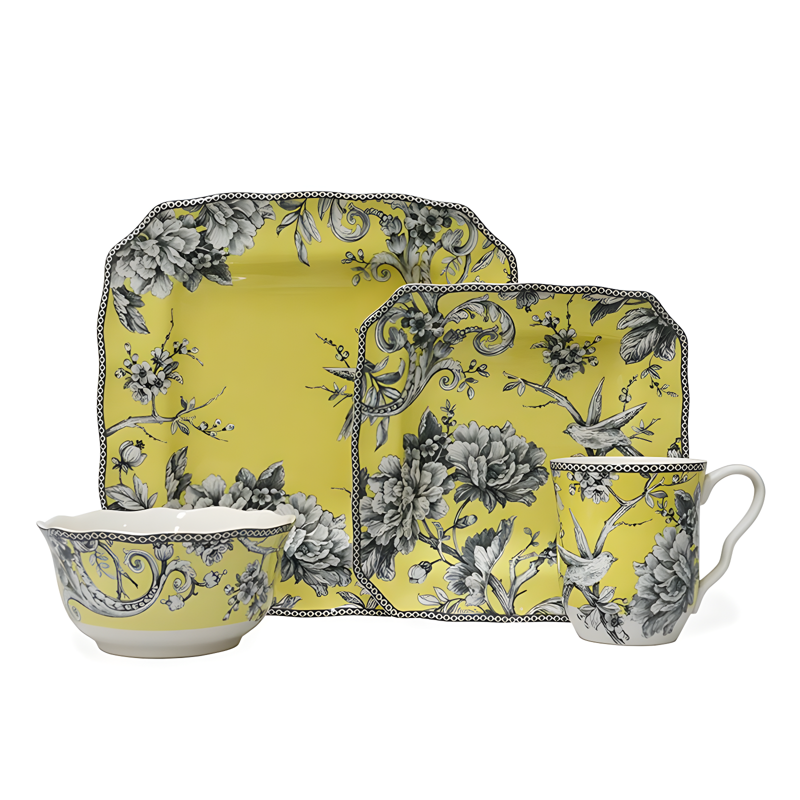 Adelaide Yellow Porcelain Square Dinnerware Set, Service for 4