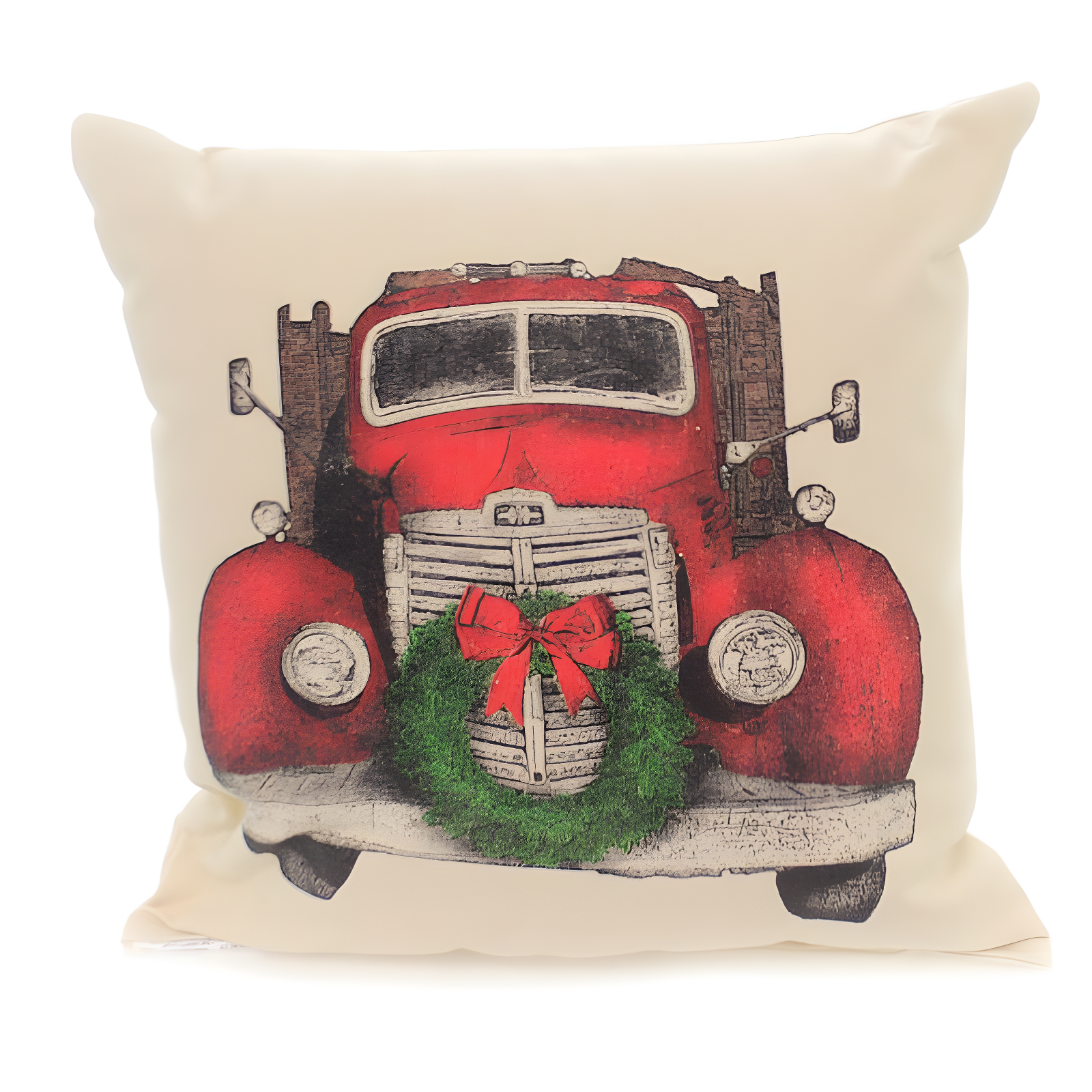 Festive Red Truck with Wreath Cotton Pillow