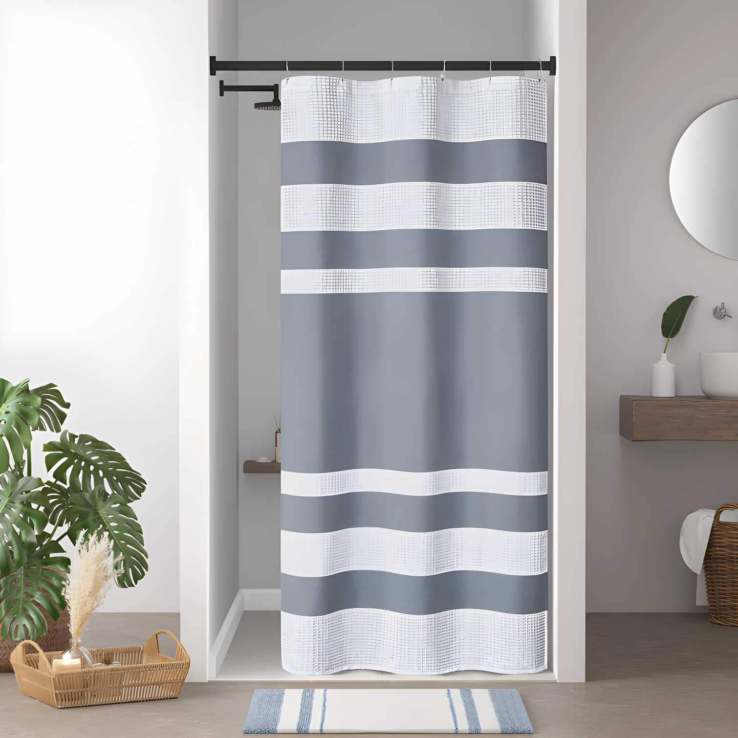 Indigo Blue and White Striped Fabric Shower Curtain