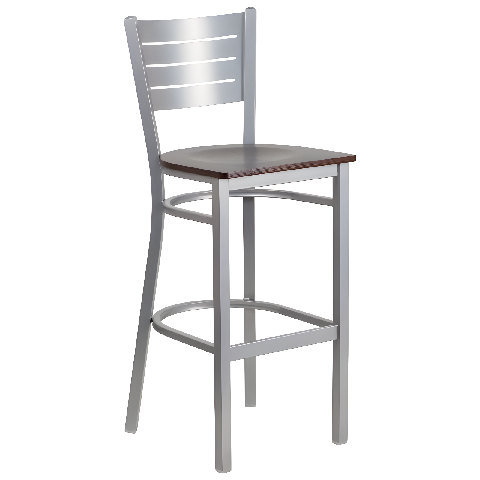 Hercules Series 29.88" Slat Back Silver Metal Barstool with Walnut Wood Seat