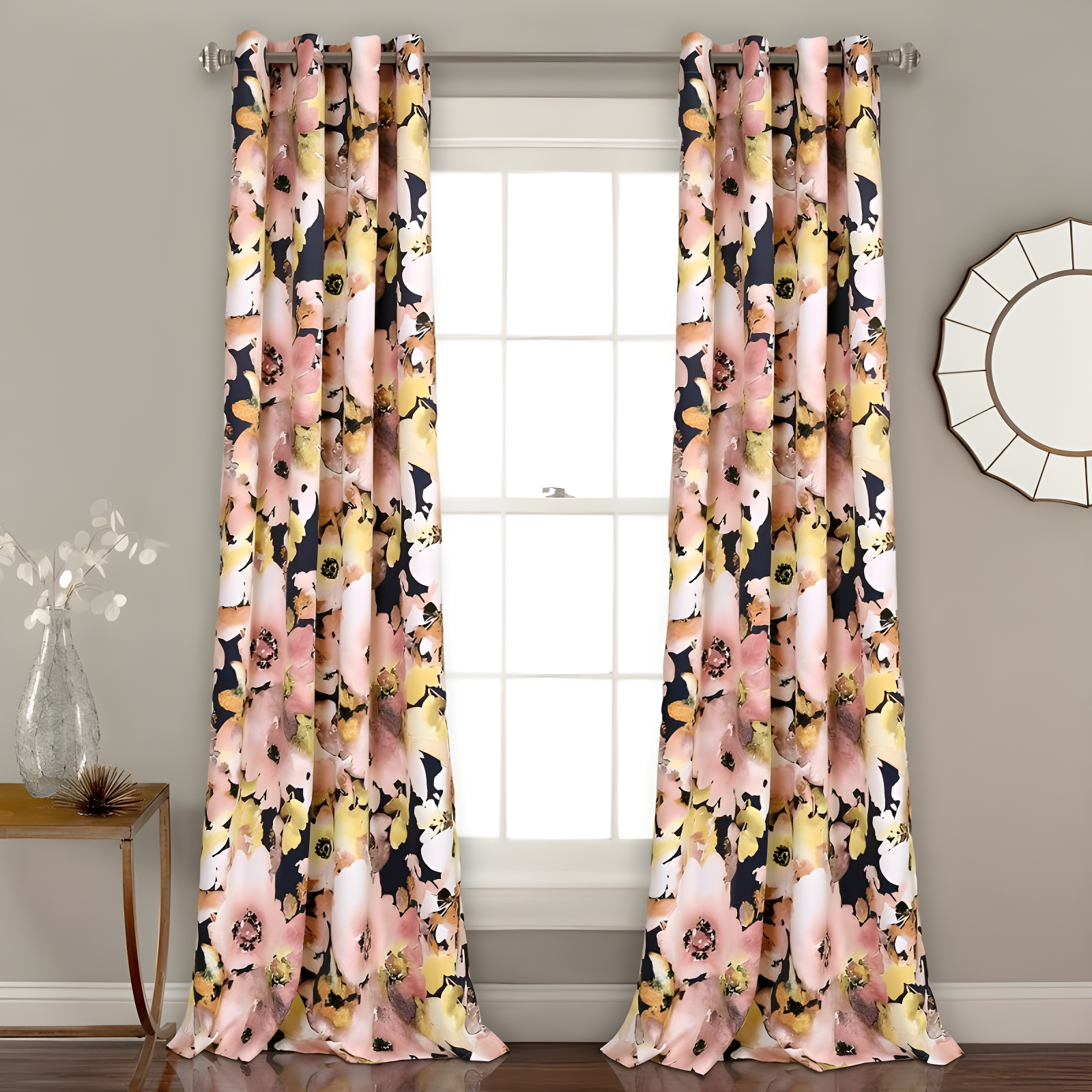 Navy Floral Watercolor Blackout Polyester Curtain Panels