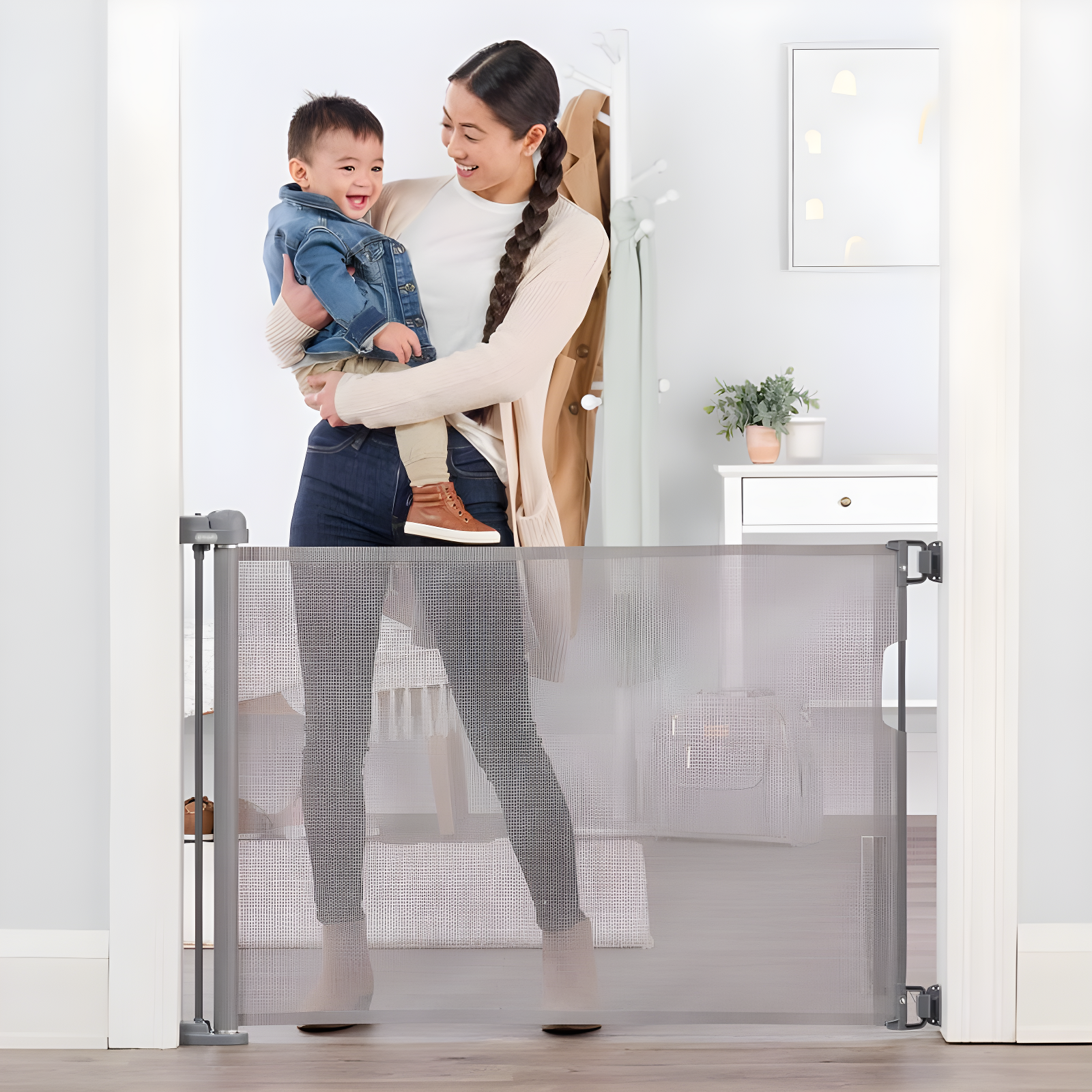 Gray Retractable Baby Gate with Mesh Barrier