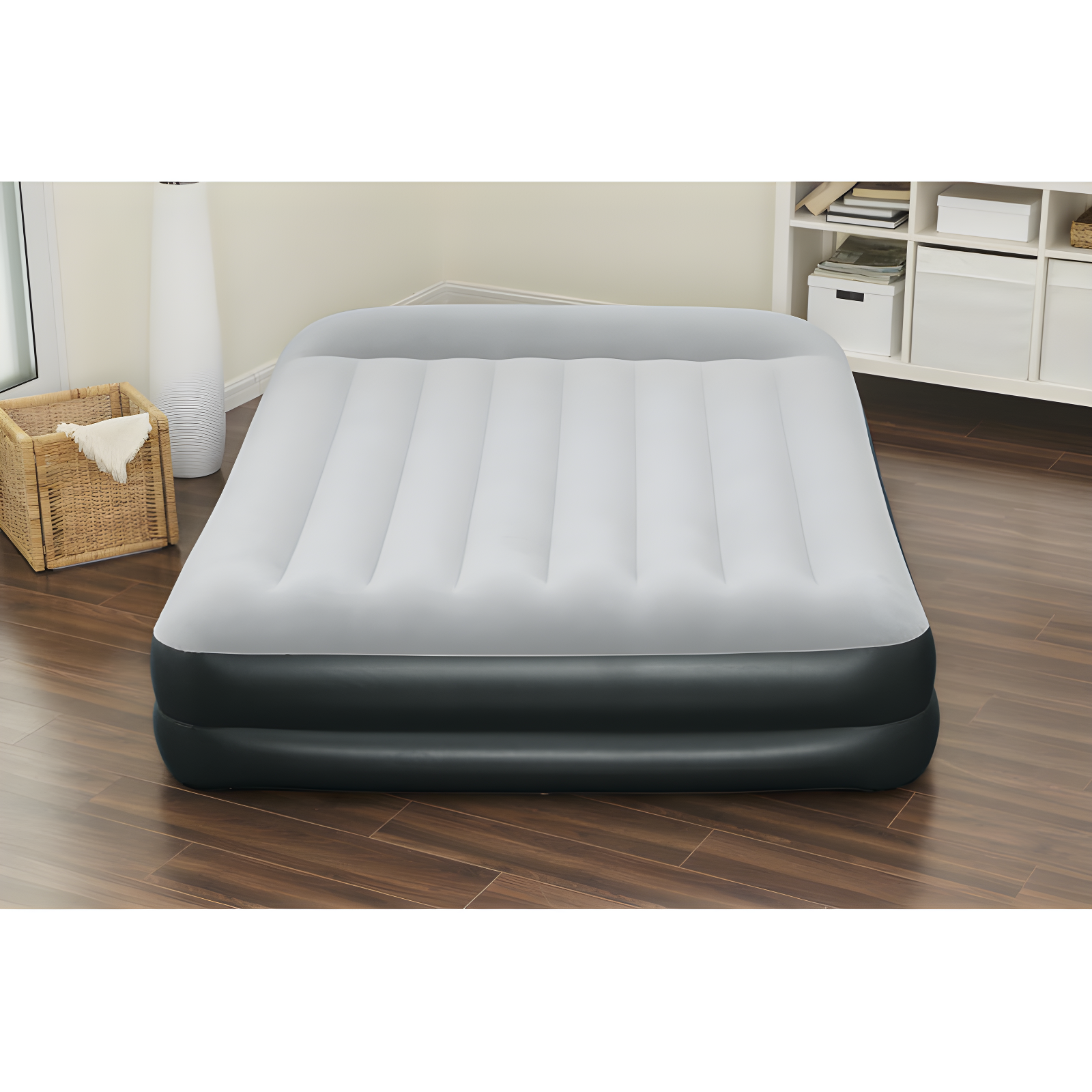 Queen Size Gray and Black Raised Inflatable Air Mattress with Built-In Pump