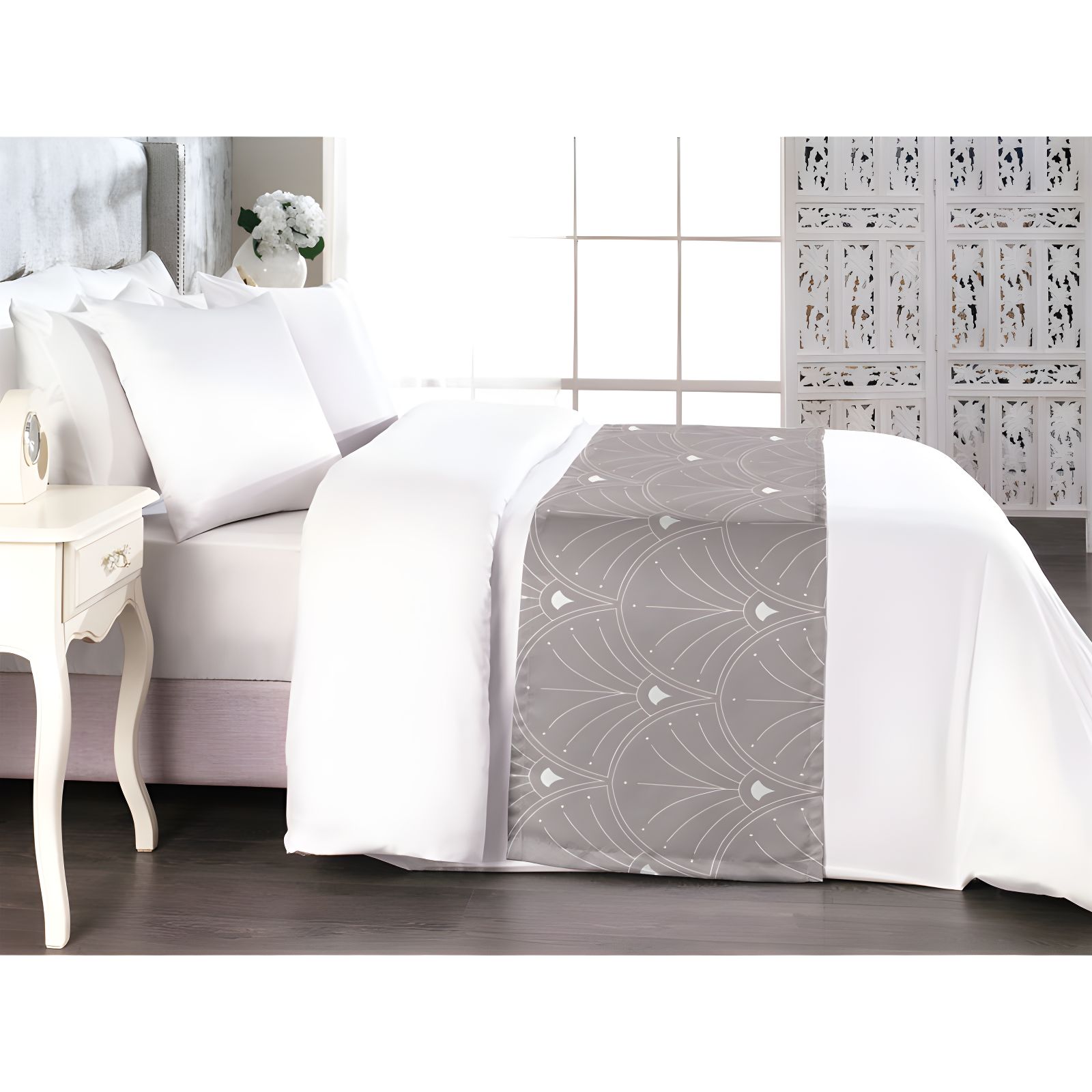 Warm Taupe and White Satin Queen Bed Runner