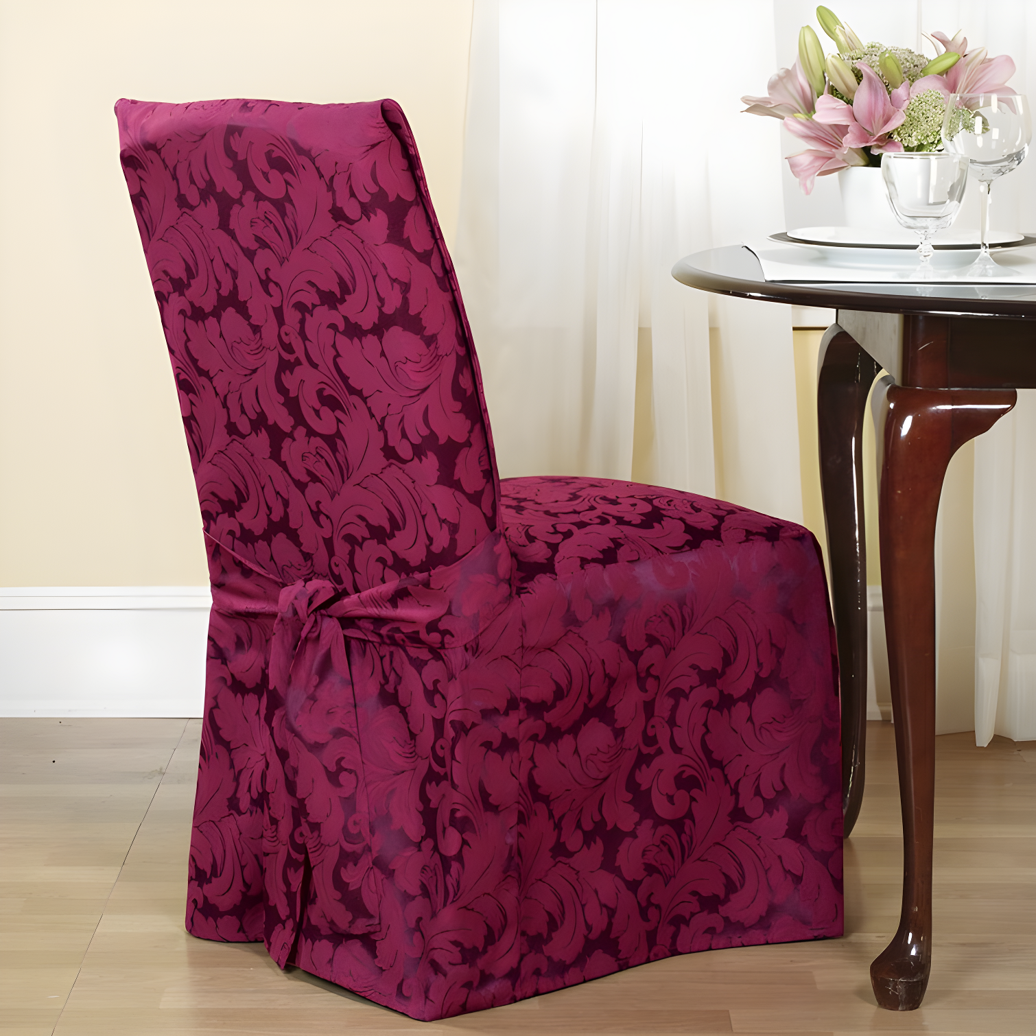 Elegant Burgundy Leaf Pattern Dining Chair Slipcover