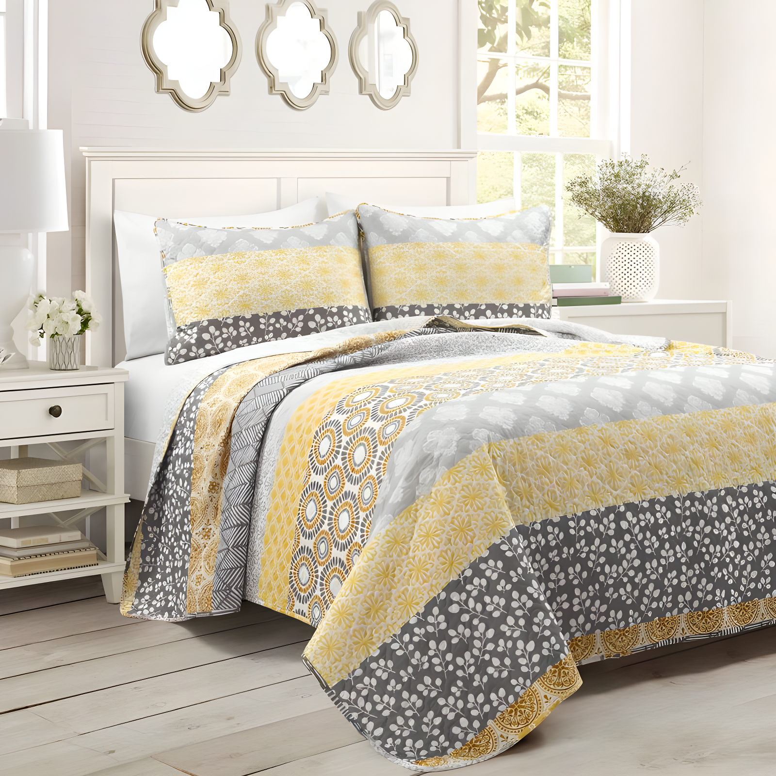 Yellow and Gray Reversible Cotton King Quilt Set