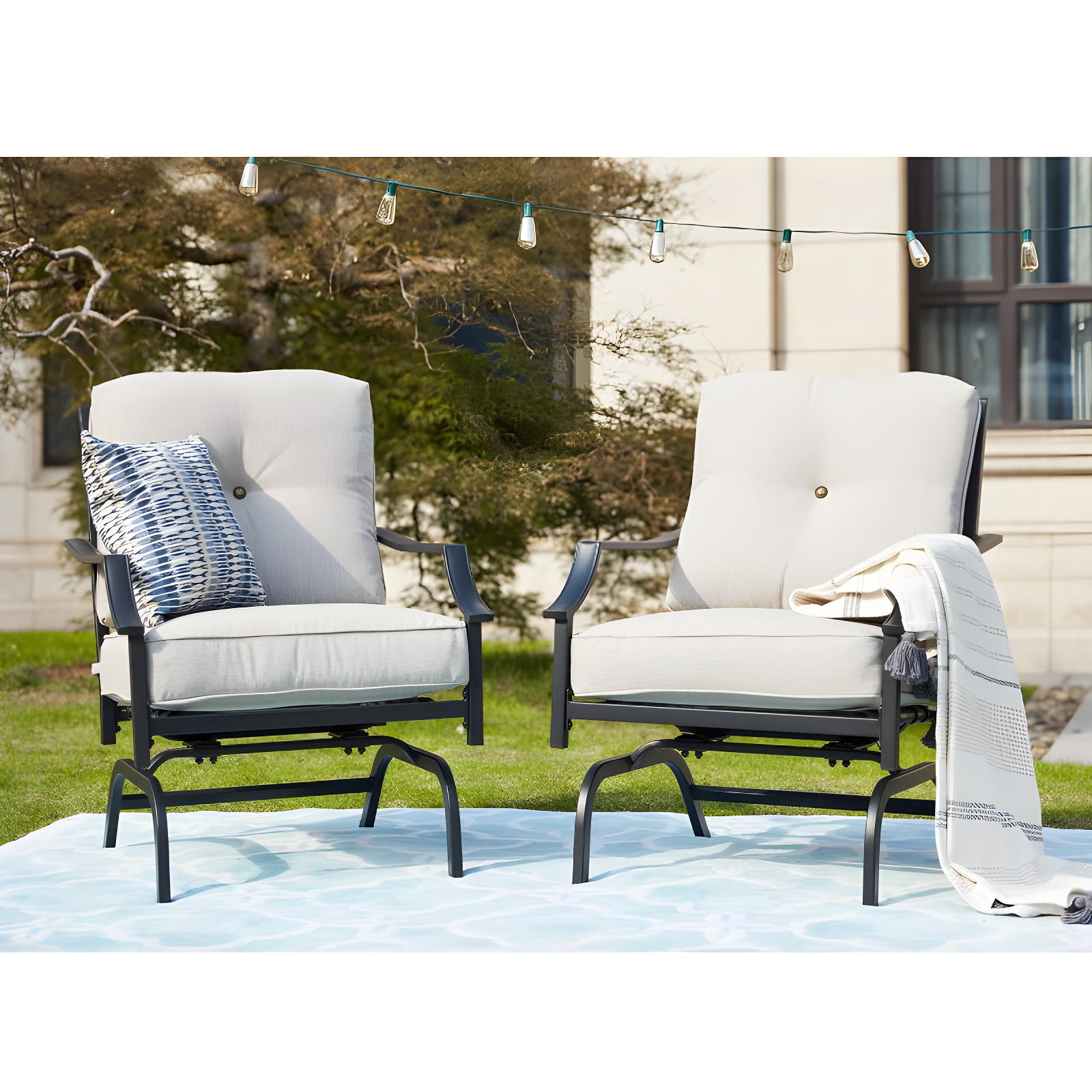 Beige Steel Outdoor Rocking Motion Chair Set with Cushions