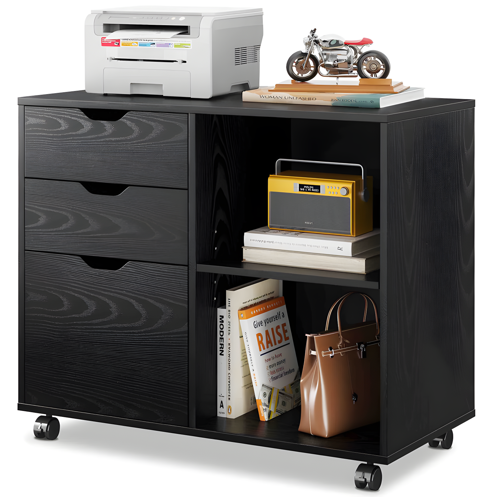 Black Wood 3-Drawer Mobile Filing Cabinet with Open Shelves