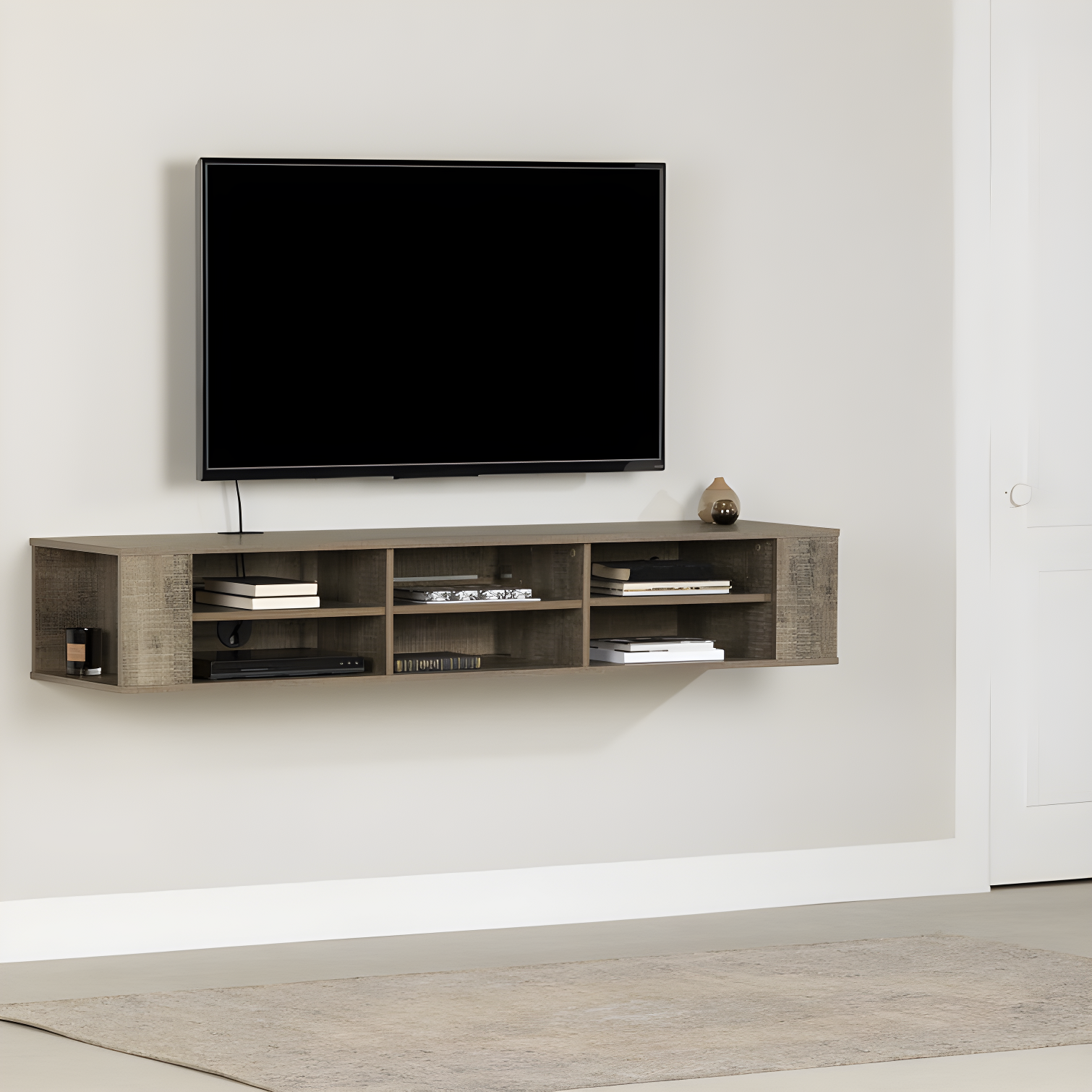 Weathered Oak 66" Wall Mounted Media Console with Cabinet