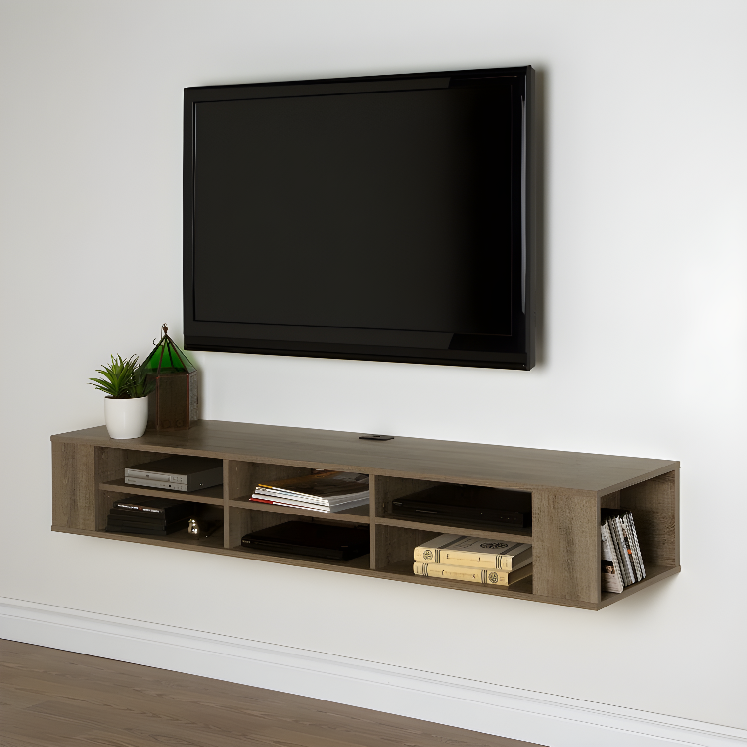 Weathered Oak 66" Wall Mounted Media Console with Cabinet