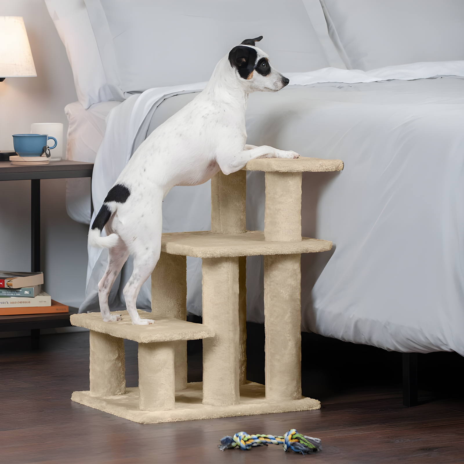 Cream Plush 3-Step Pet Stairs for Small and Aging Pets