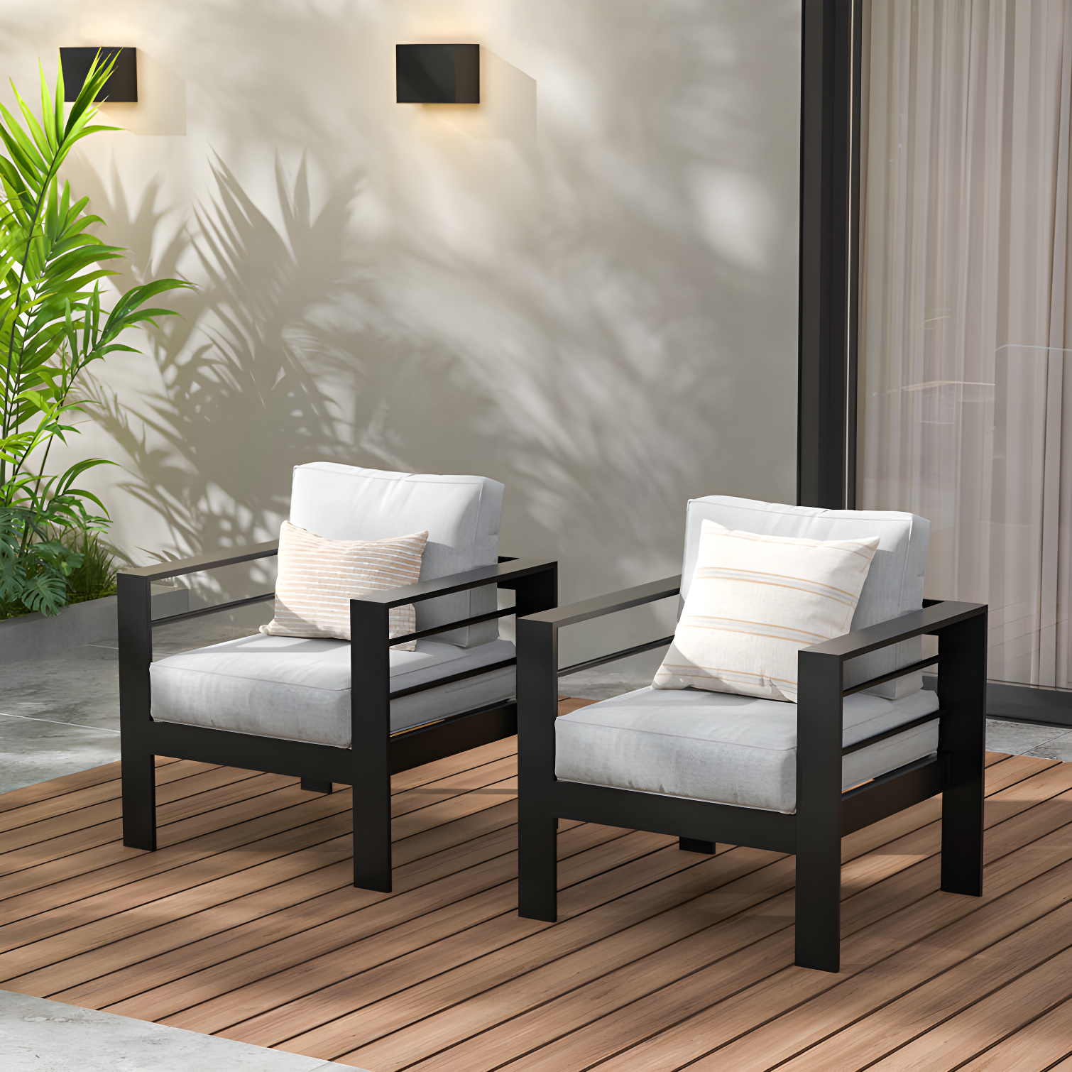 Modern Black Aluminum Patio Armchair Set with Light Gray Cushions