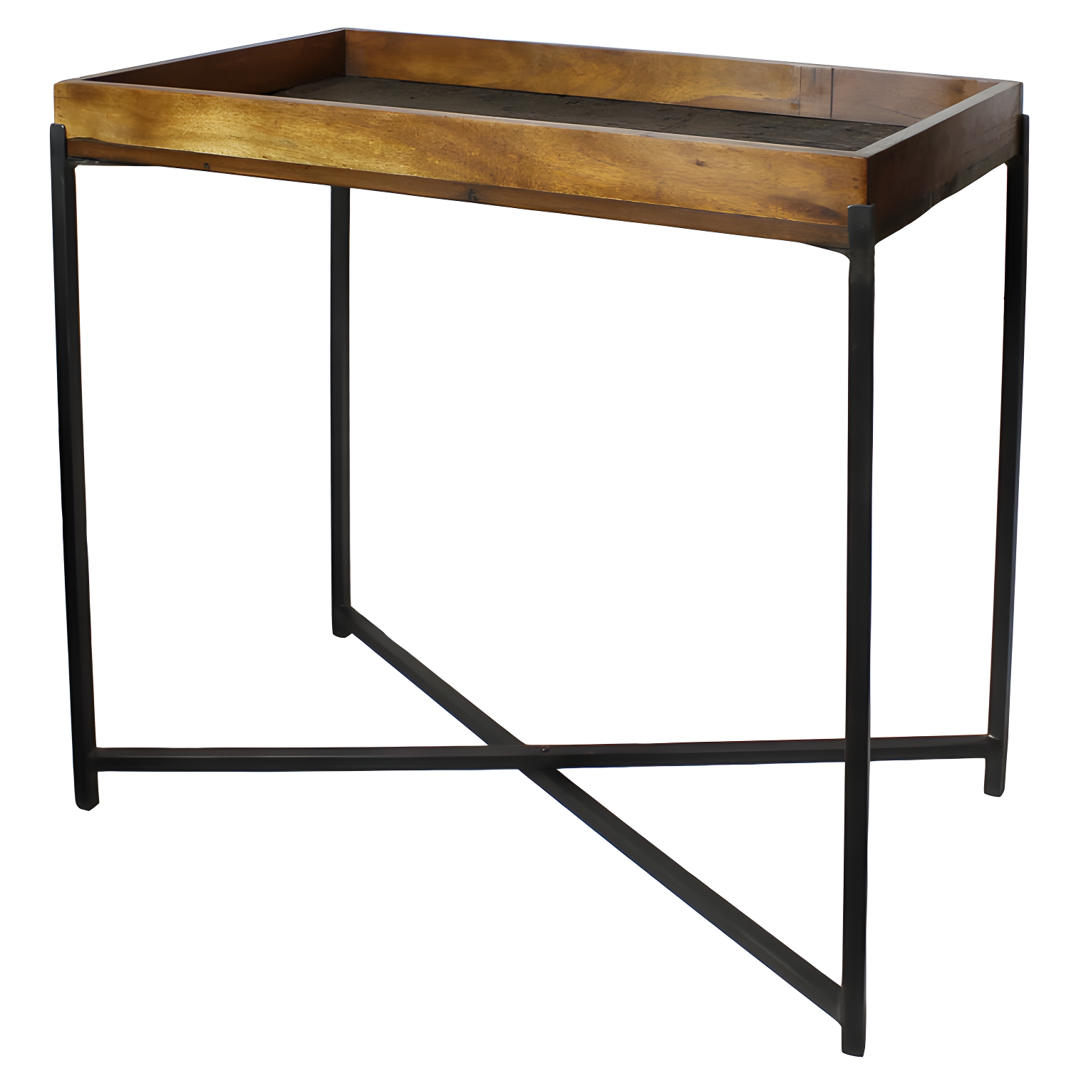 Natural Wood and Black Iron Rectangular Tray Table