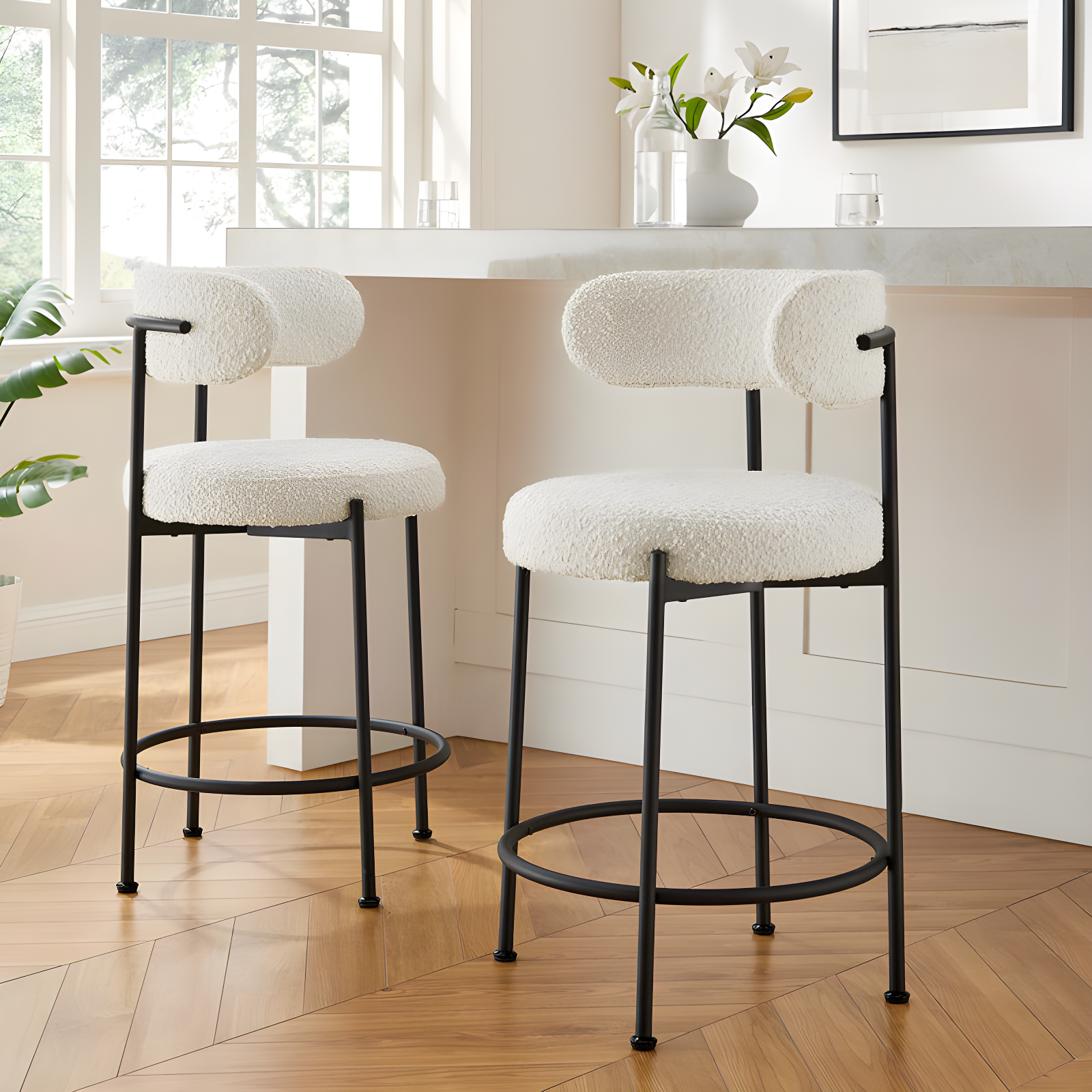 Ivory Black Boucle Fabric Adjustable Counter Stools Set of 2