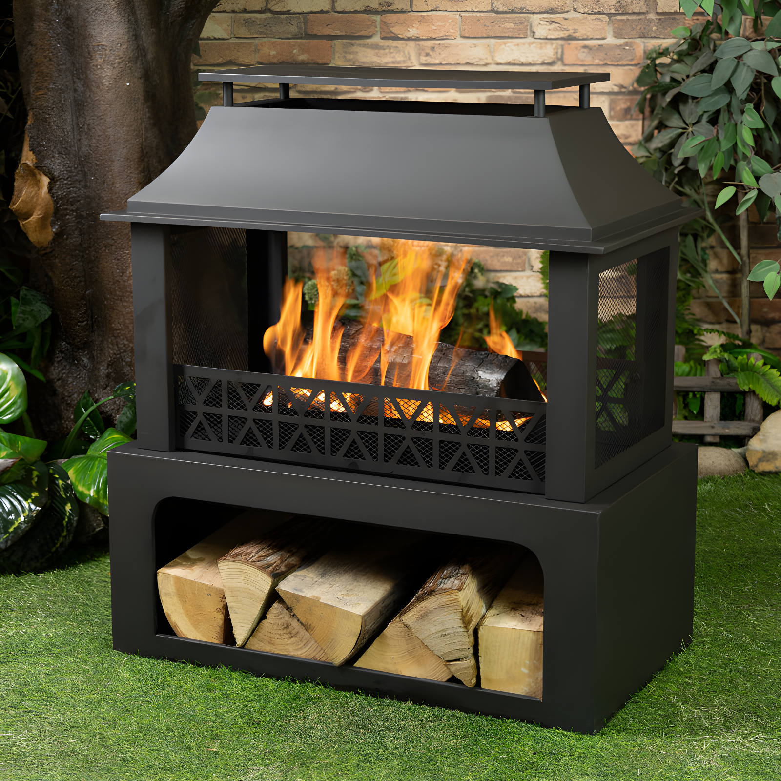 36" Black Steel Rectangular Outdoor Wood Burning Fire Pit with Log Storage