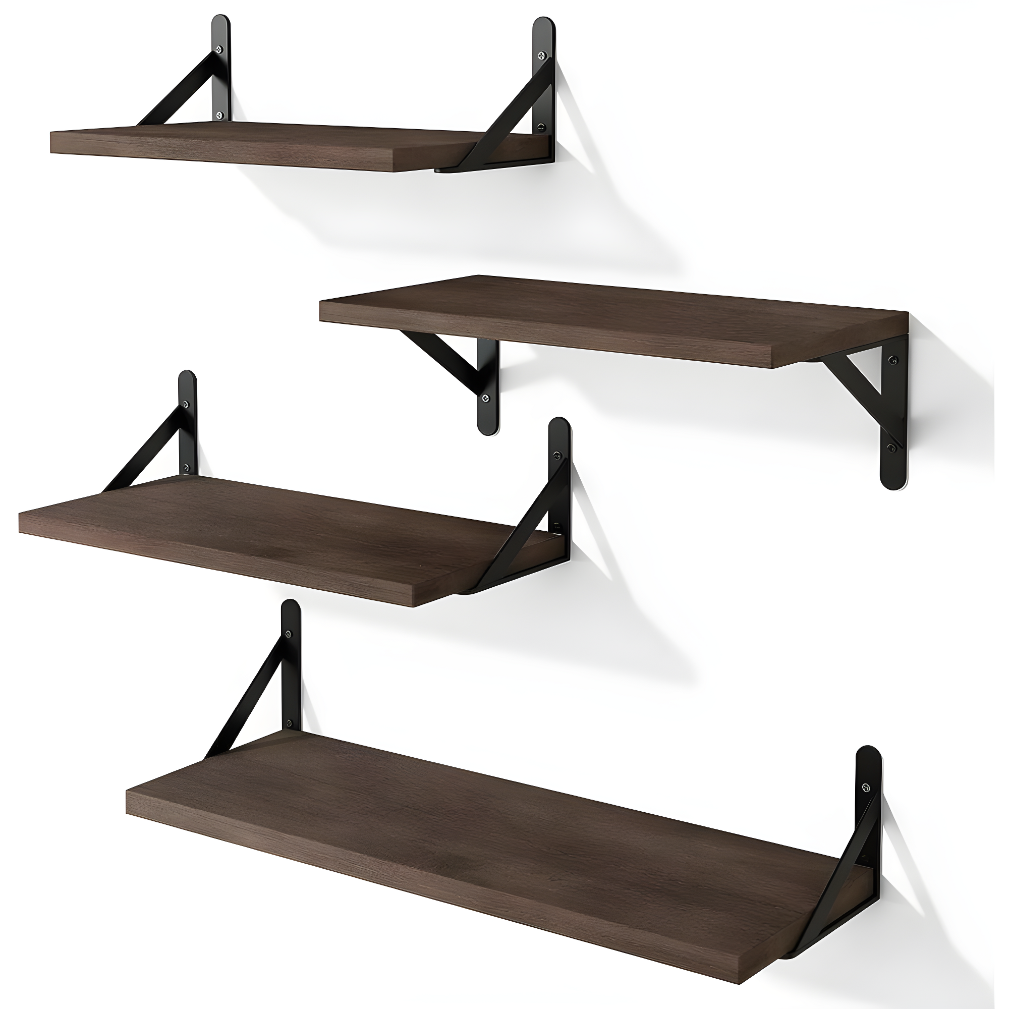 Walnut Brown Floating Wall Shelves with Metal Brackets, Set of 4