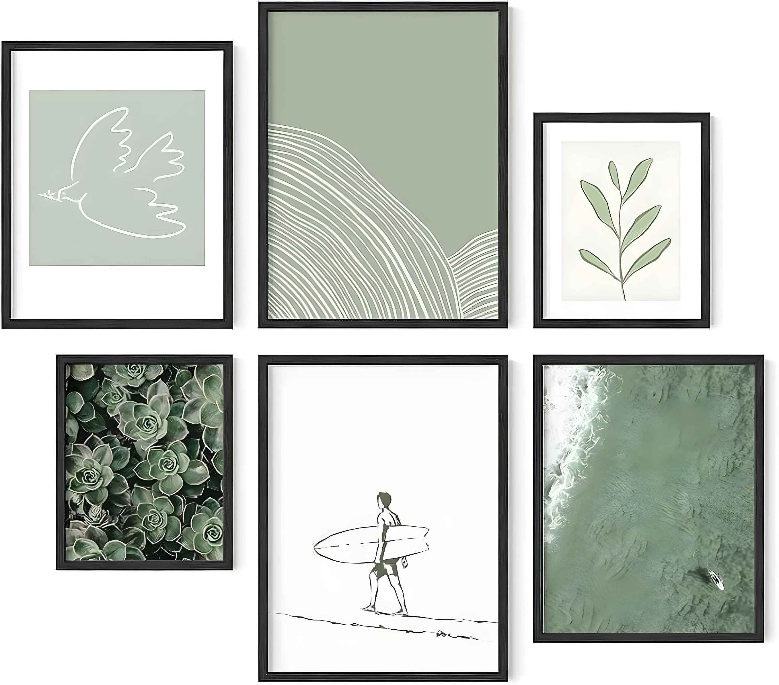 Green Zen Nature Abstract Poster Set with Black Oak Frames