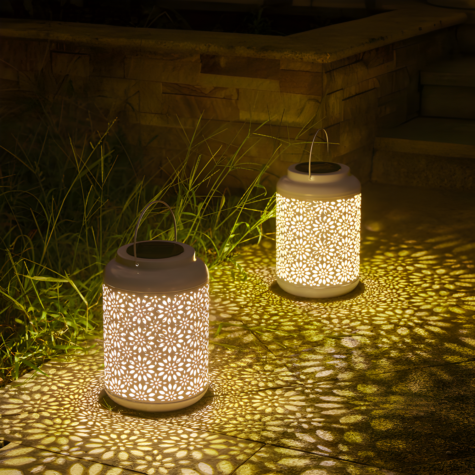 8.75" White Metal Floral Cutout Solar Lantern Set