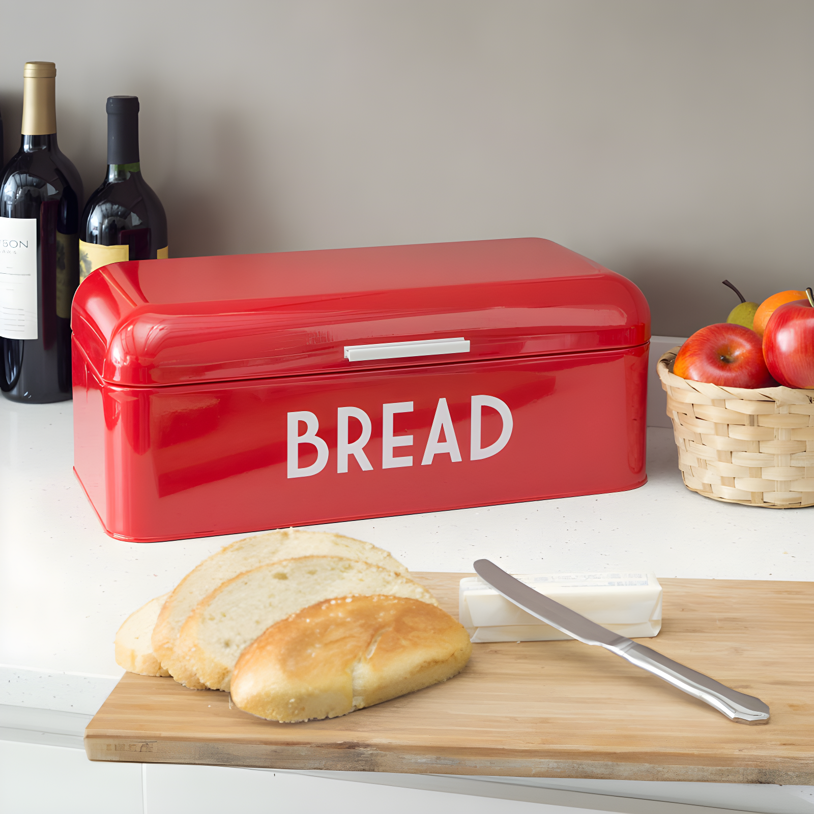 Red Metal Bread Box with Lid and Handle